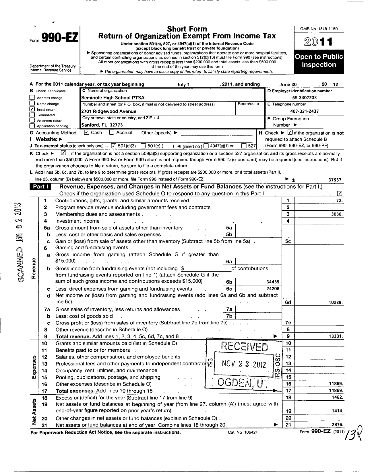 Image of first page of 2011 Form 990EZ for PTA Florida Congress - Seminole High School Ptsa