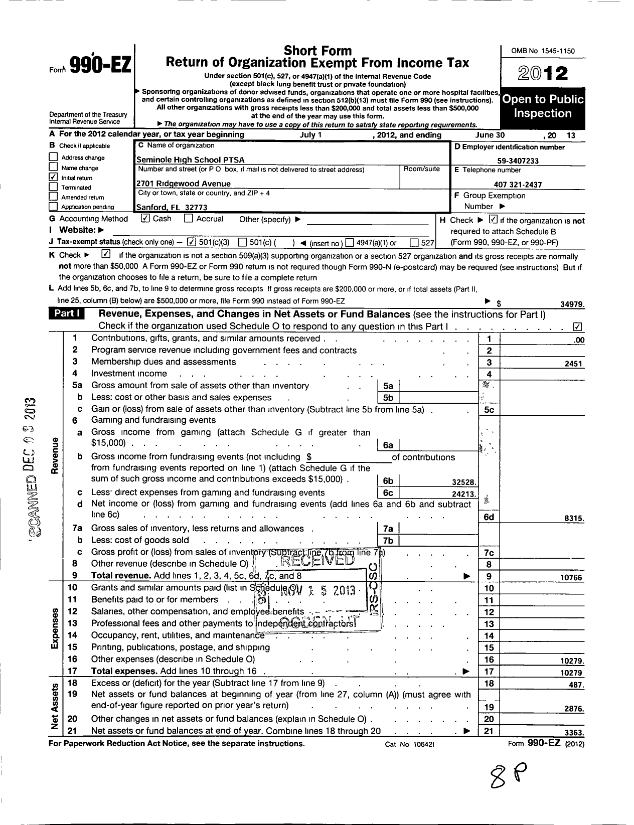 Image of first page of 2012 Form 990EZ for PTA Florida Congress - Seminole High School Ptsa