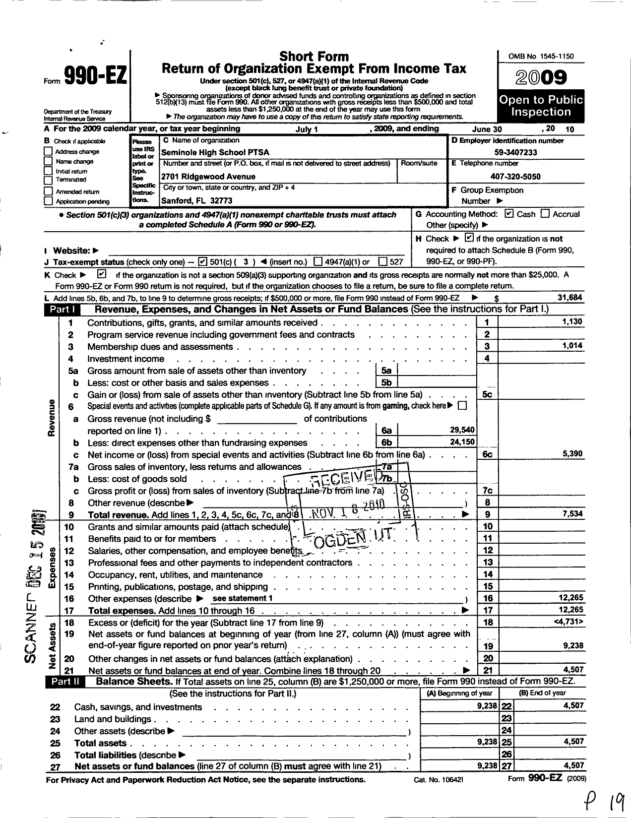 Image of first page of 2009 Form 990EZ for PTA Florida Congress - Seminole High School Ptsa