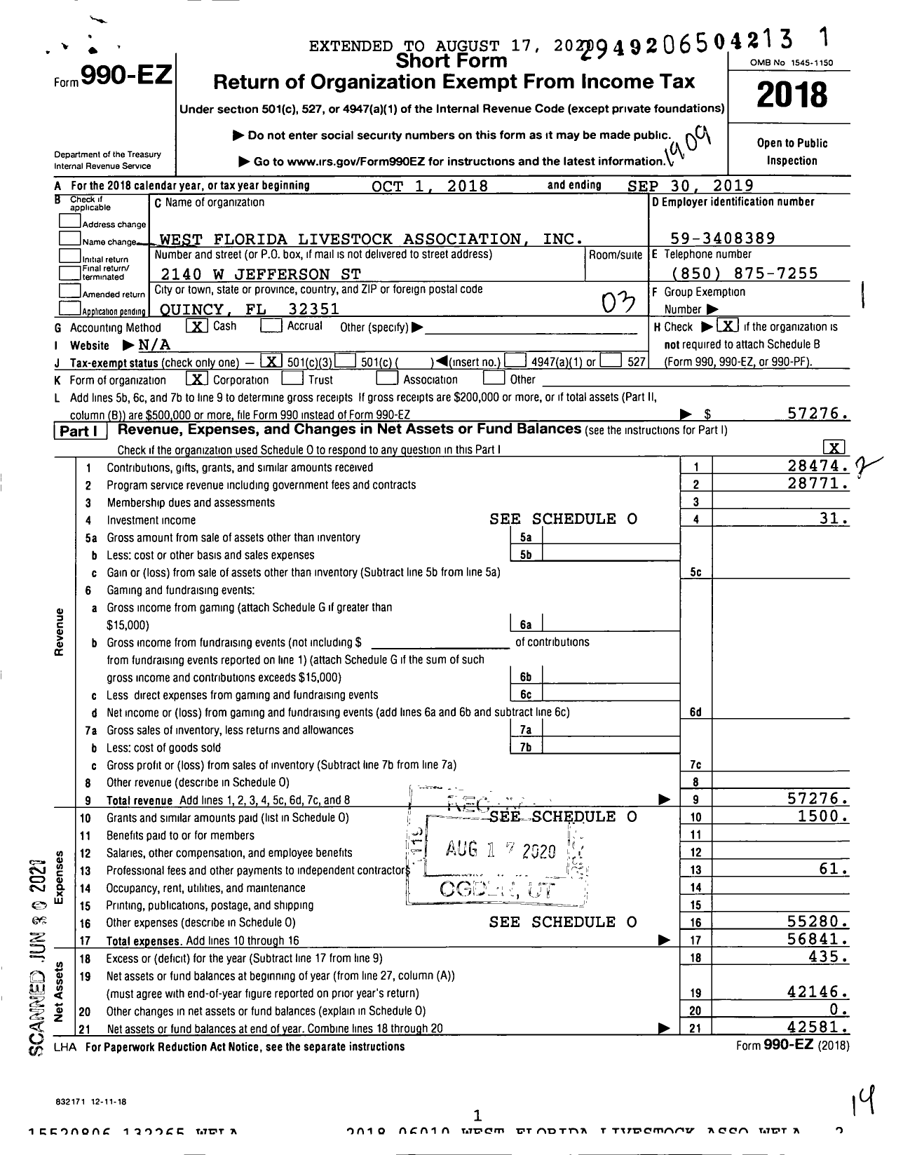 Image of first page of 2018 Form 990EZ for West Florida Livestock Association