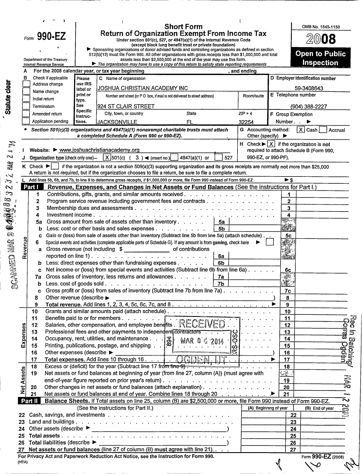 Image of first page of 2008 Form 990EZ for Joshua Christian Academy