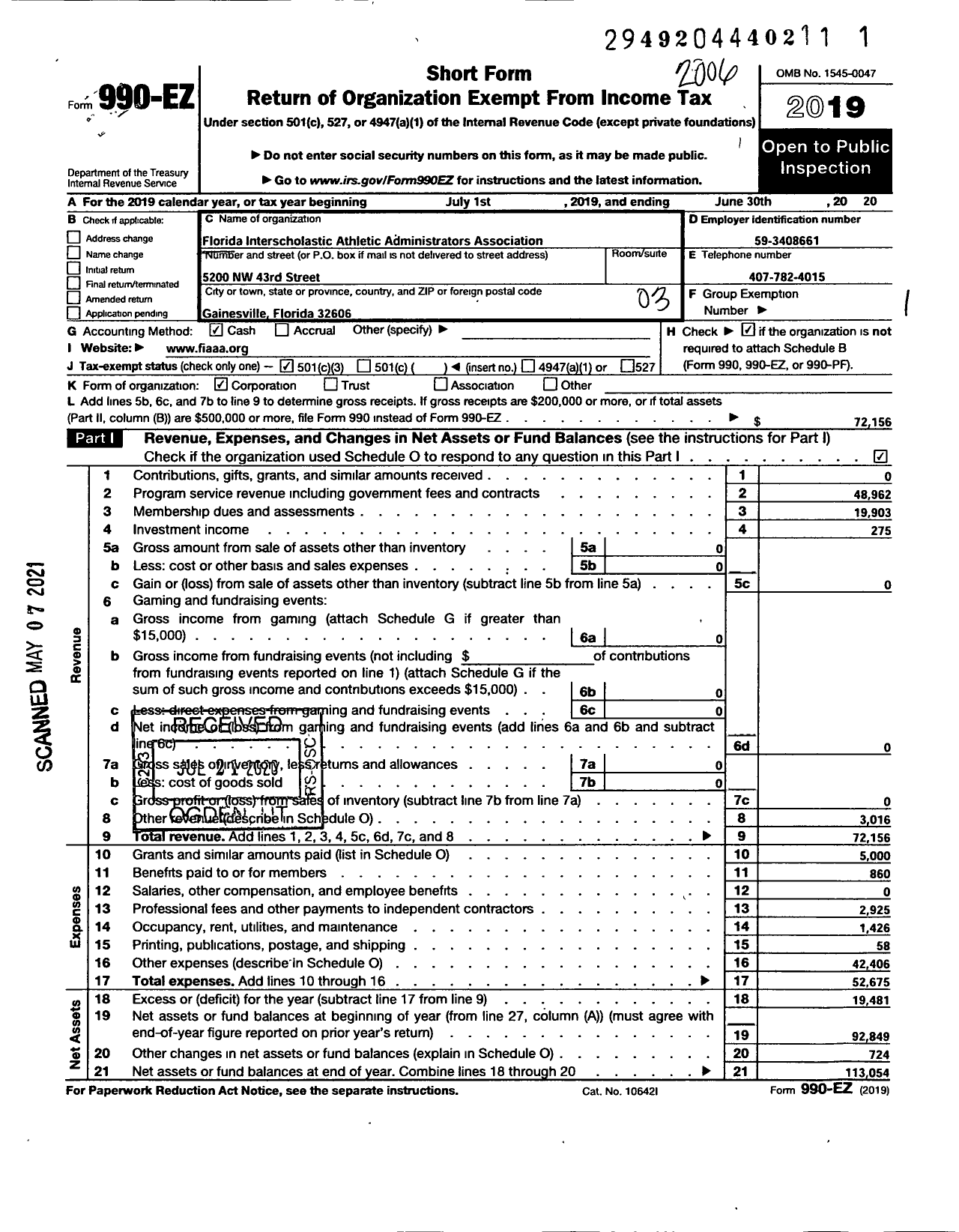 Image of first page of 2019 Form 990EZ for Florida Interscholastic Athletic Administrators Association