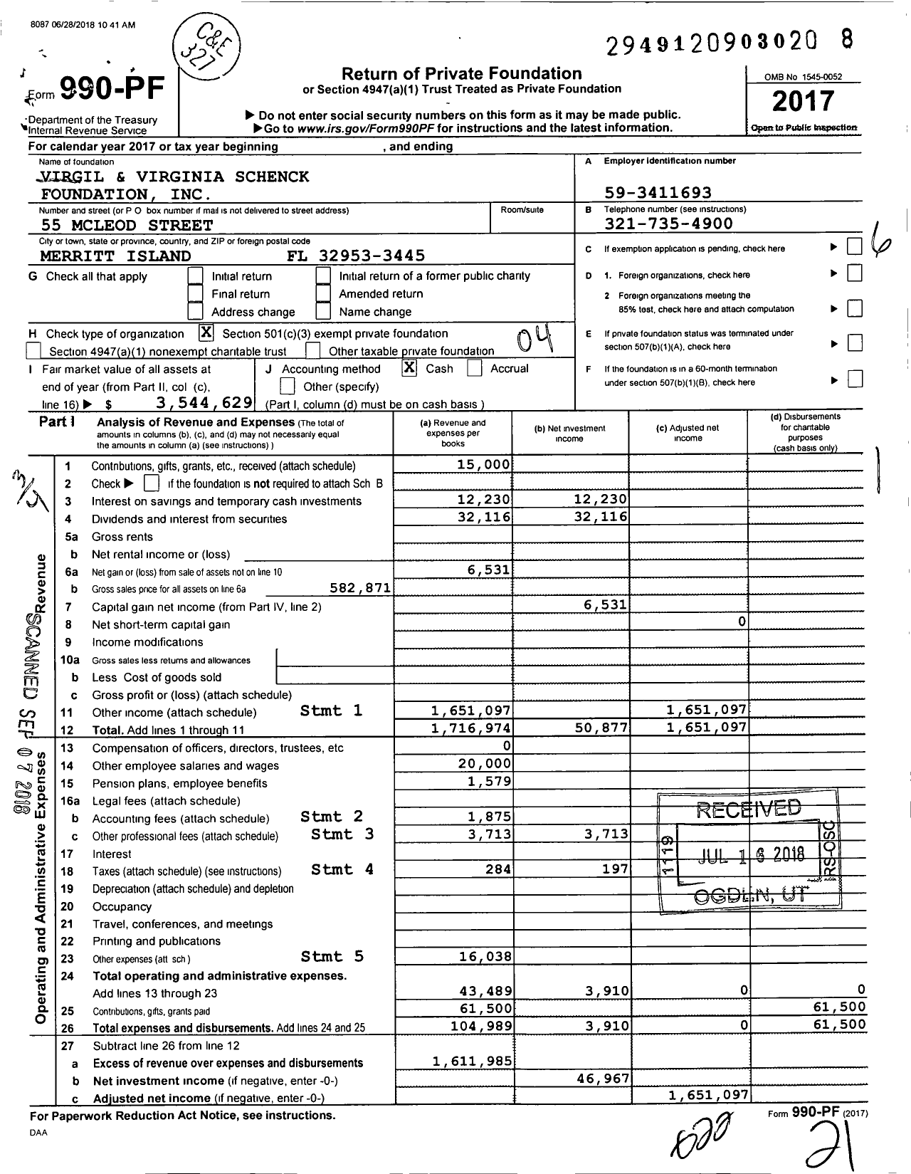 Image of first page of 2017 Form 990PF for Virgil and Virginia Schenck Foundation