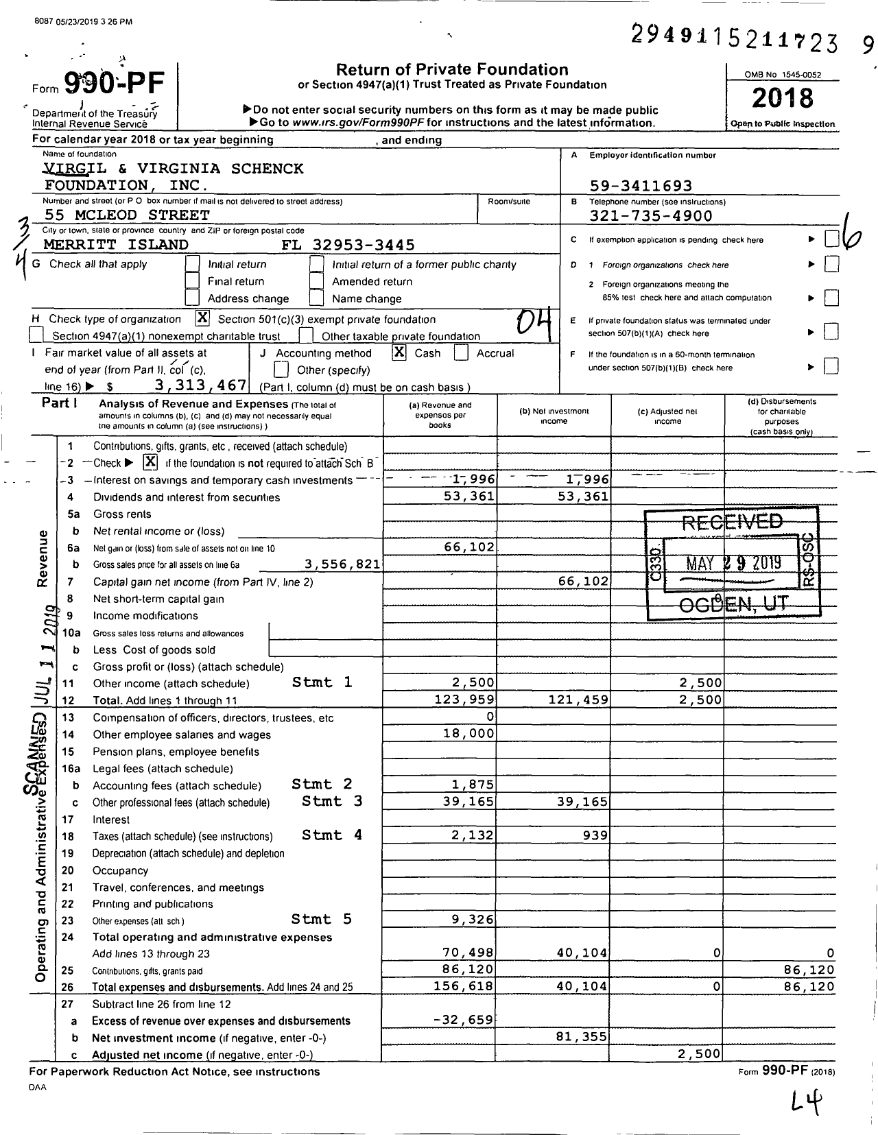 Image of first page of 2018 Form 990PF for Virgil and Virginia Schenck Foundation