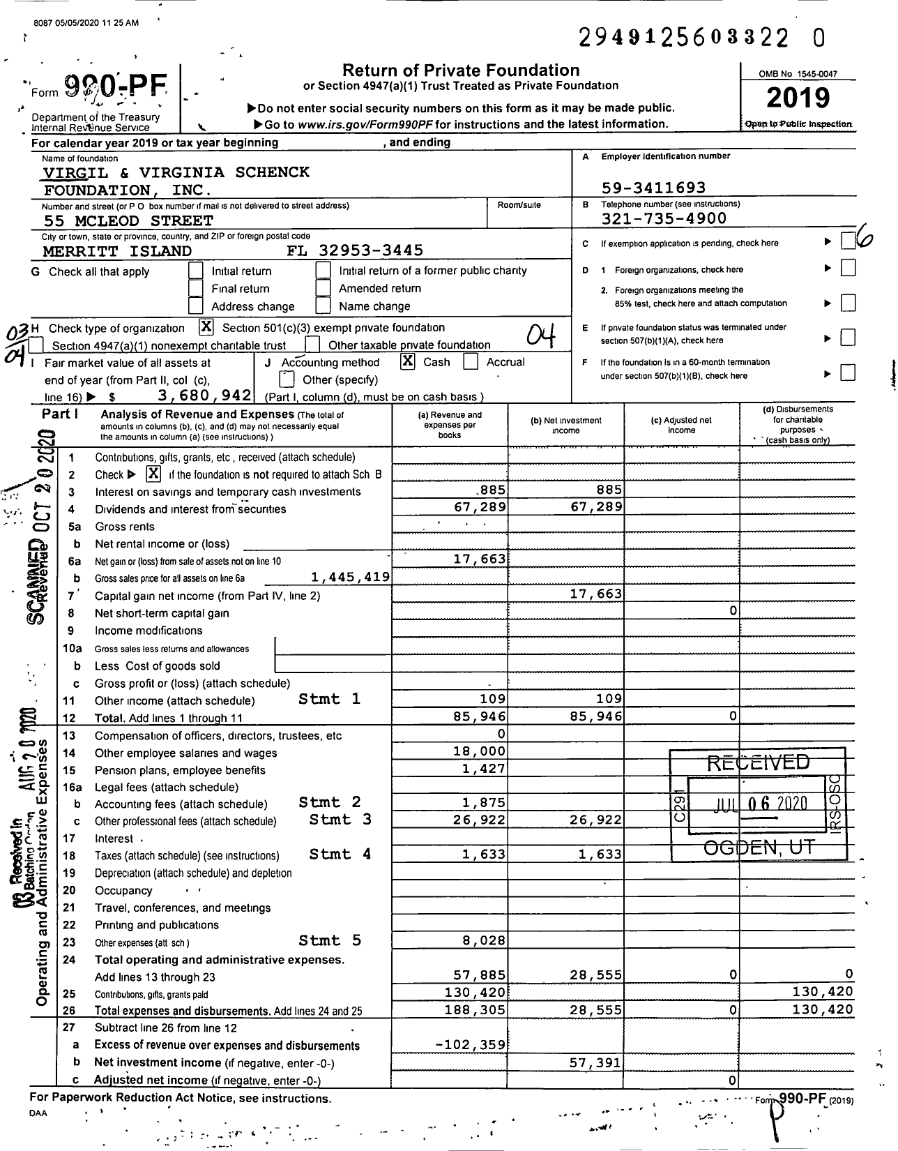 Image of first page of 2019 Form 990PR for Virgil and Virginia Schenck Foundation