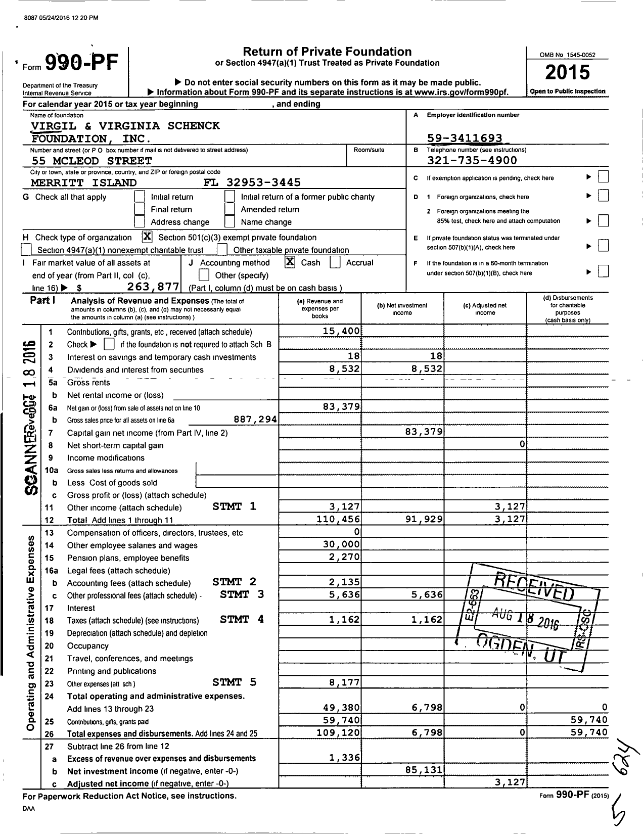 Image of first page of 2015 Form 990PF for Virgil and Virginia Schenck Foundation