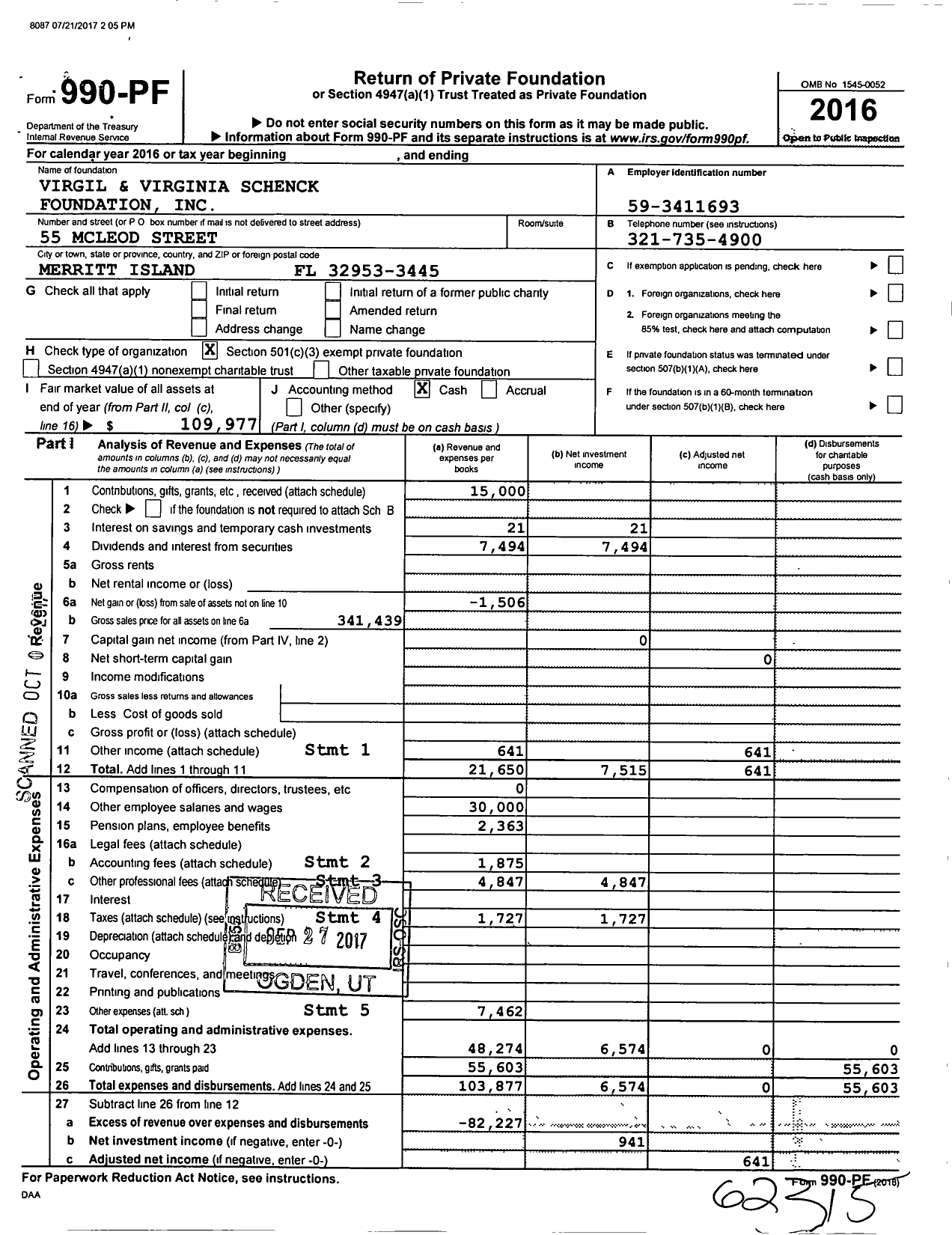 Image of first page of 2016 Form 990PF for Virgil and Virginia Schenck Foundation