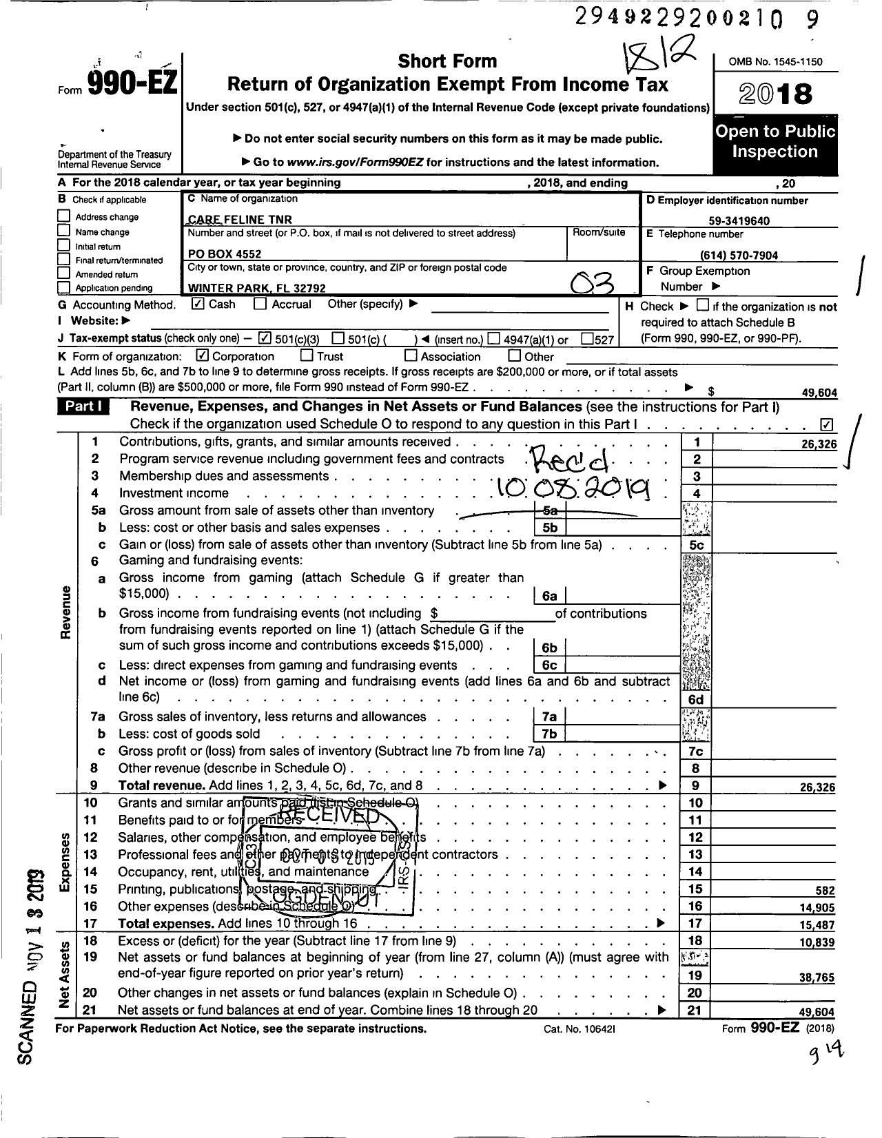 Image of first page of 2018 Form 990EZ for Care Feline TNR