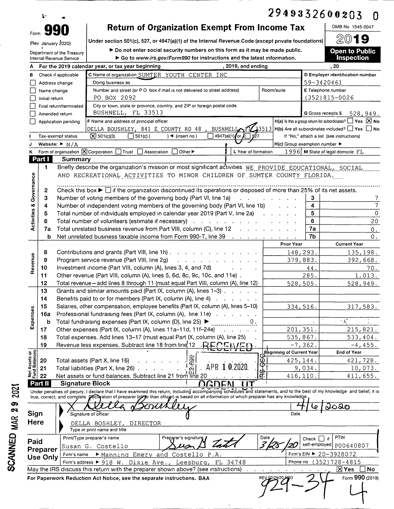 Image of first page of 2019 Form 990 for Sumter Youth Center