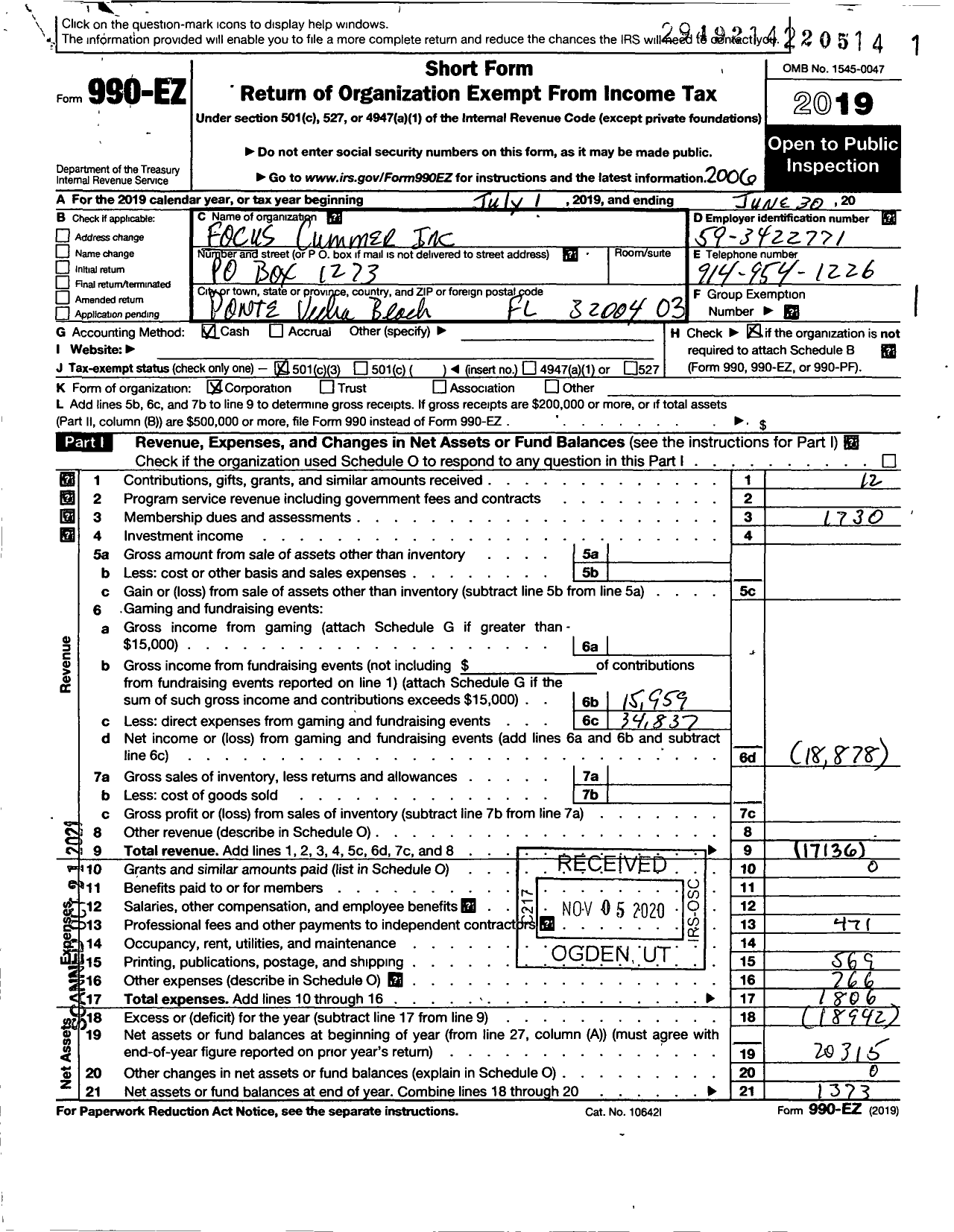 Image of first page of 2019 Form 990EZ for Focus Cummer