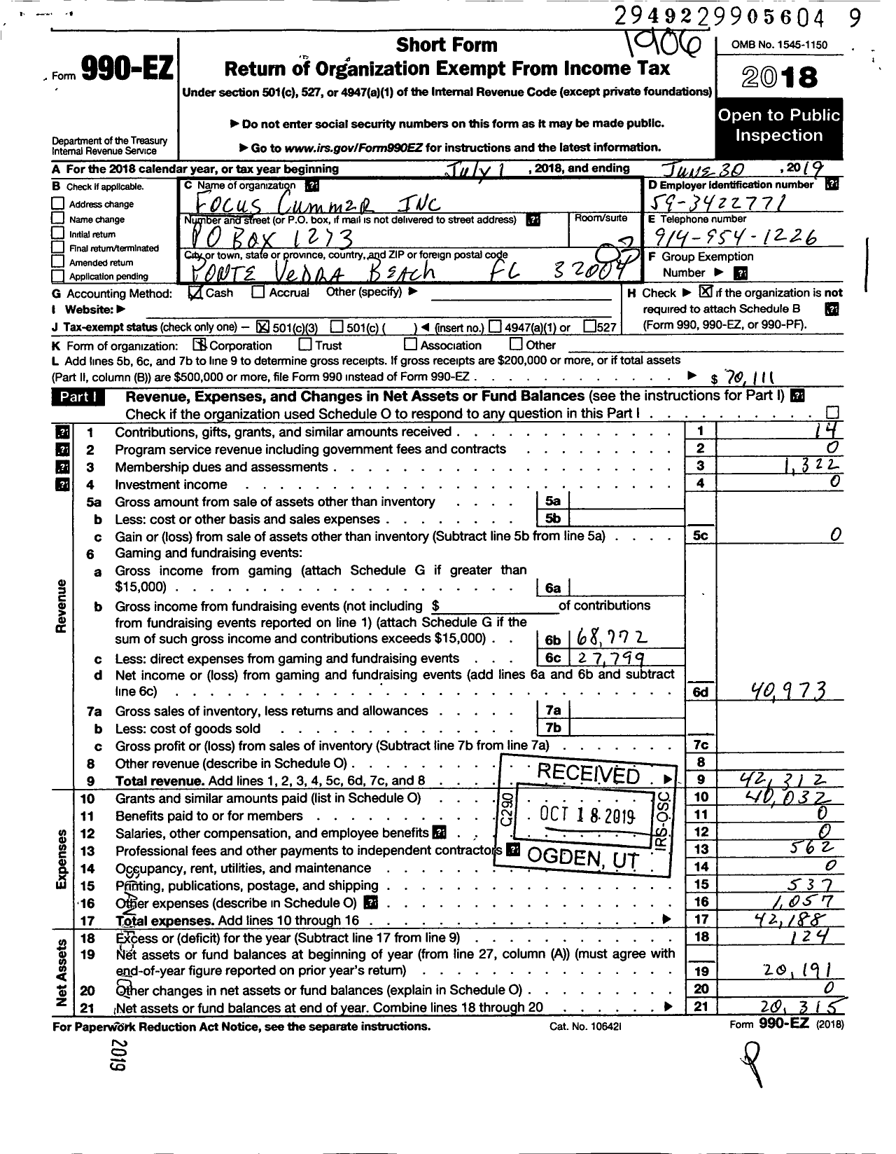 Image of first page of 2018 Form 990EZ for Focus Cummer