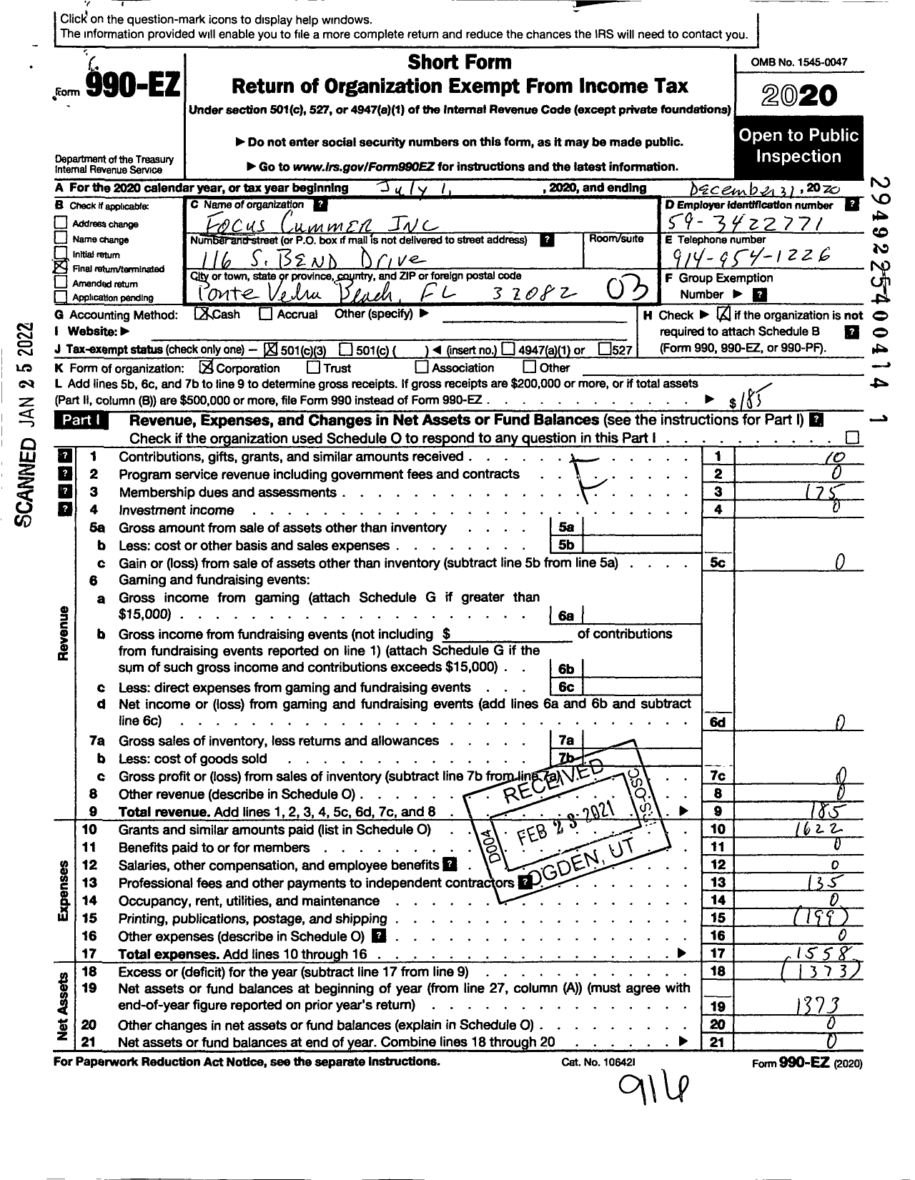 Image of first page of 2020 Form 990EZ for Focus Cummer