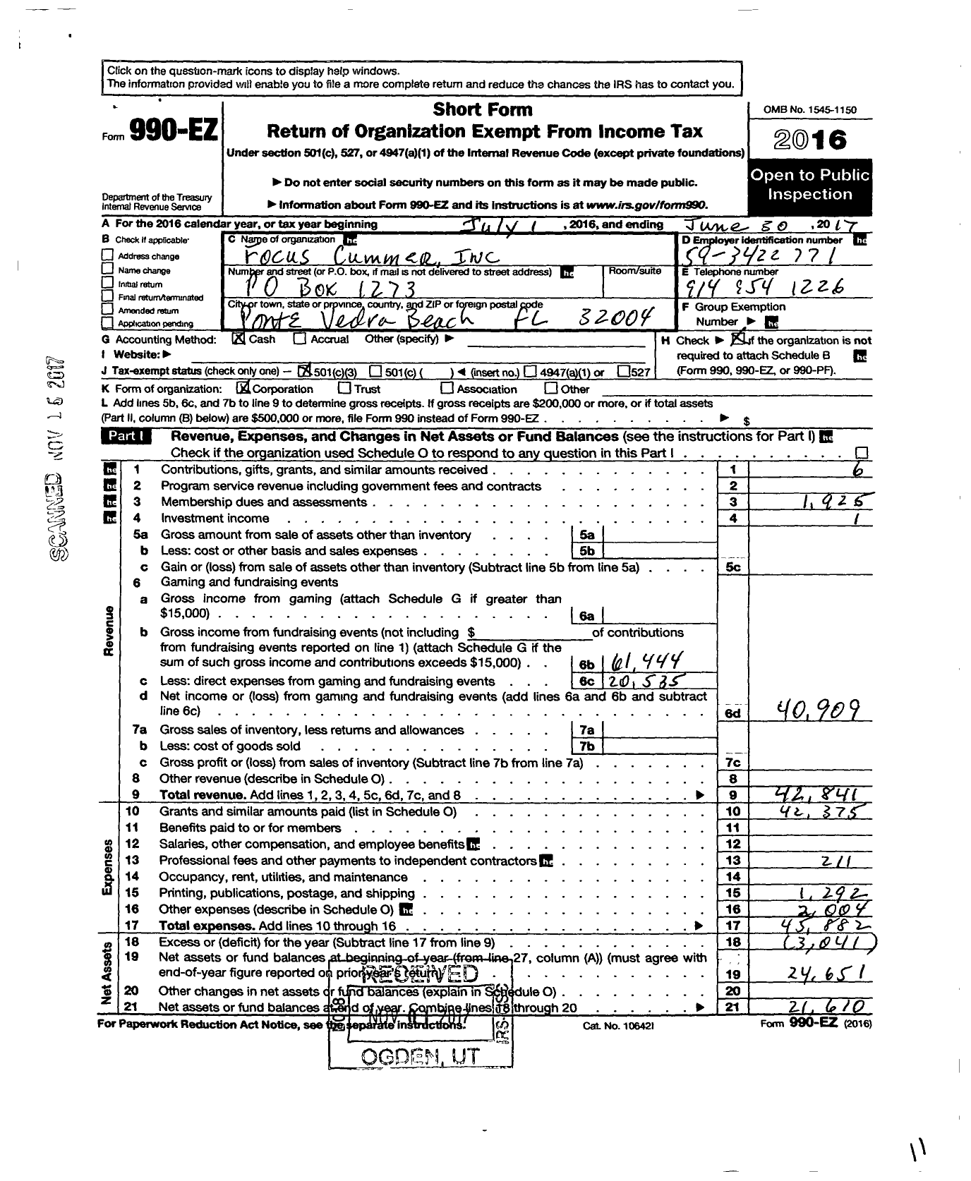 Image of first page of 2016 Form 990EZ for Focus Cummer