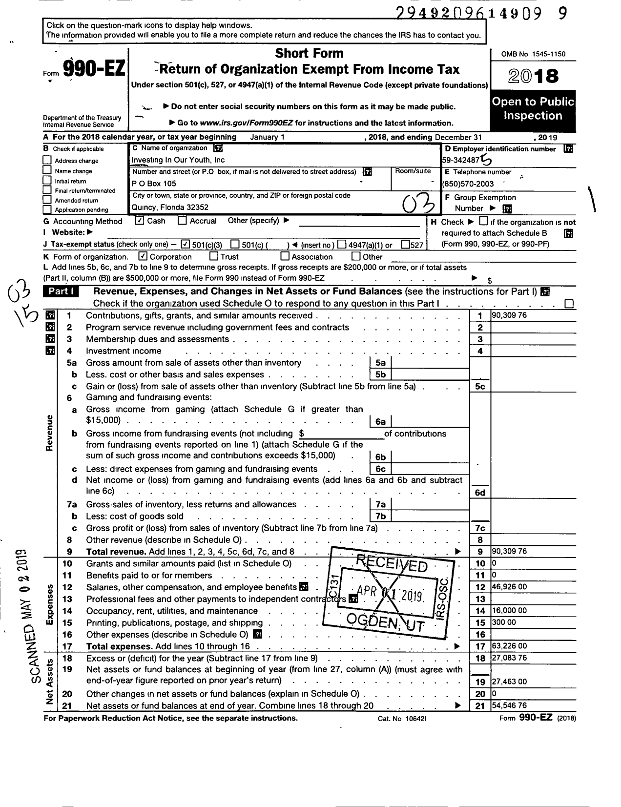 Image of first page of 2019 Form 990EZ for Investing in Our Youth