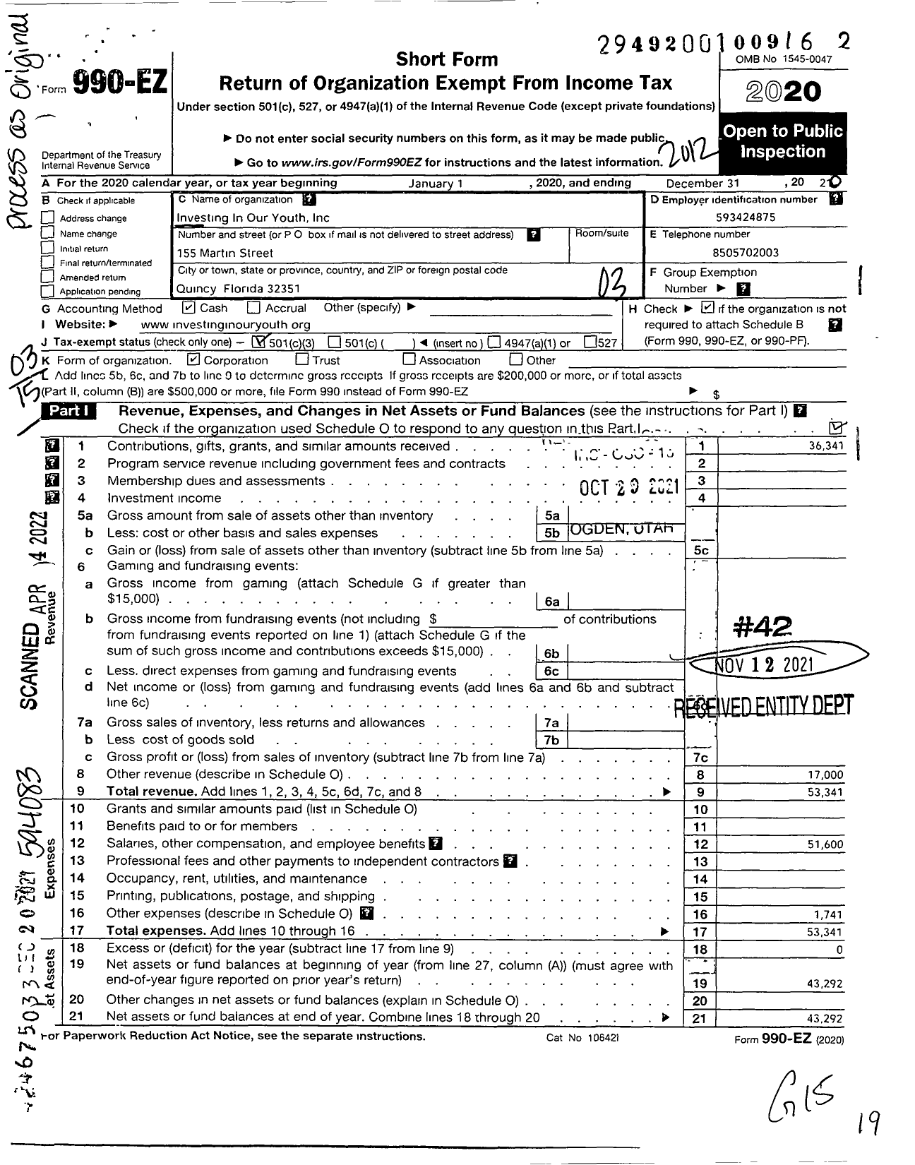 Image of first page of 2020 Form 990EZ for Investing in Our Youth