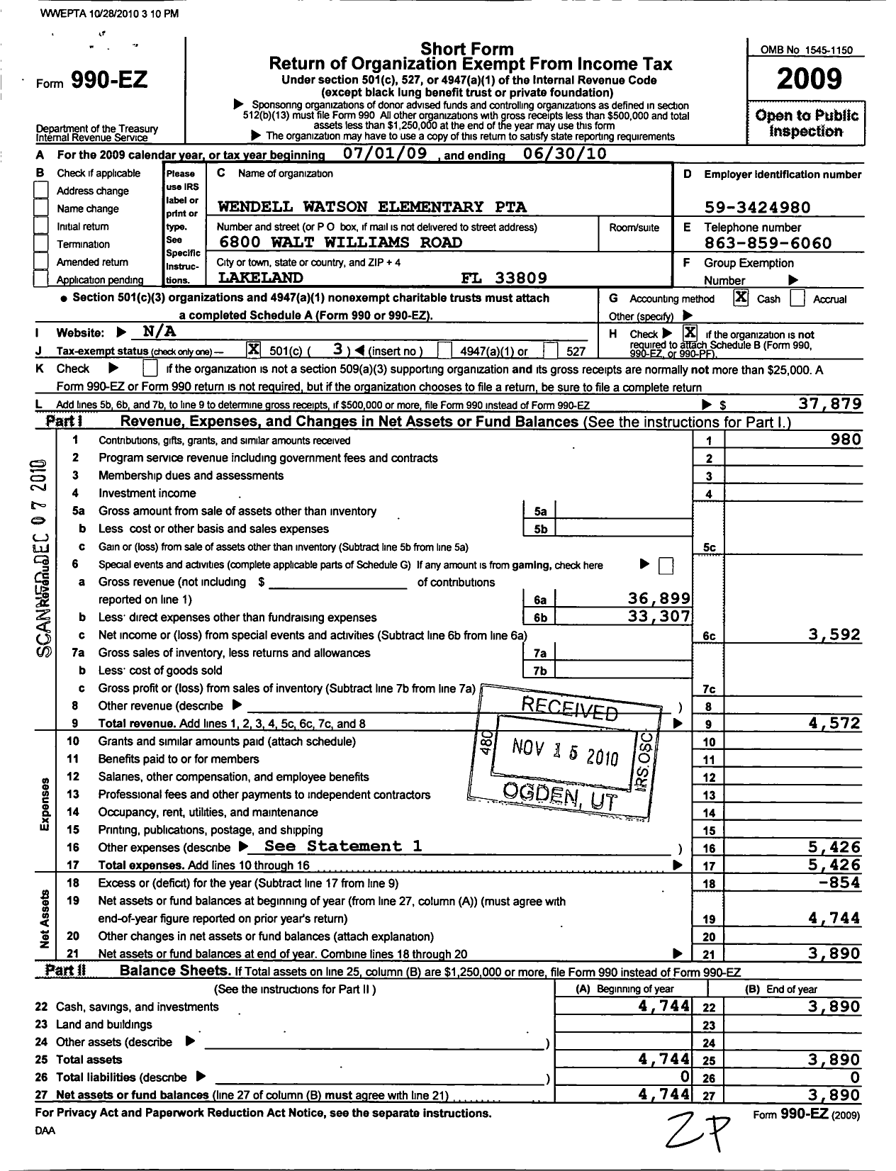 Image of first page of 2009 Form 990EZ for PTA Florida Congress - Wendell Watson Elementary PTA