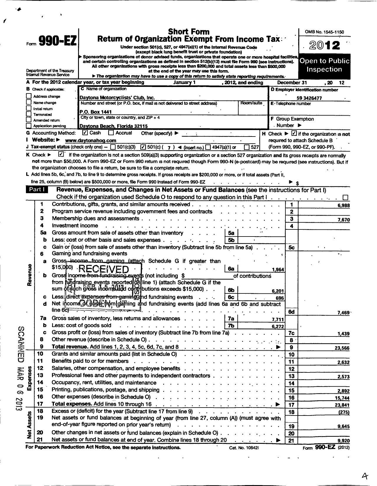 Image of first page of 2012 Form 990EO for Daytona Motorcyclists Club