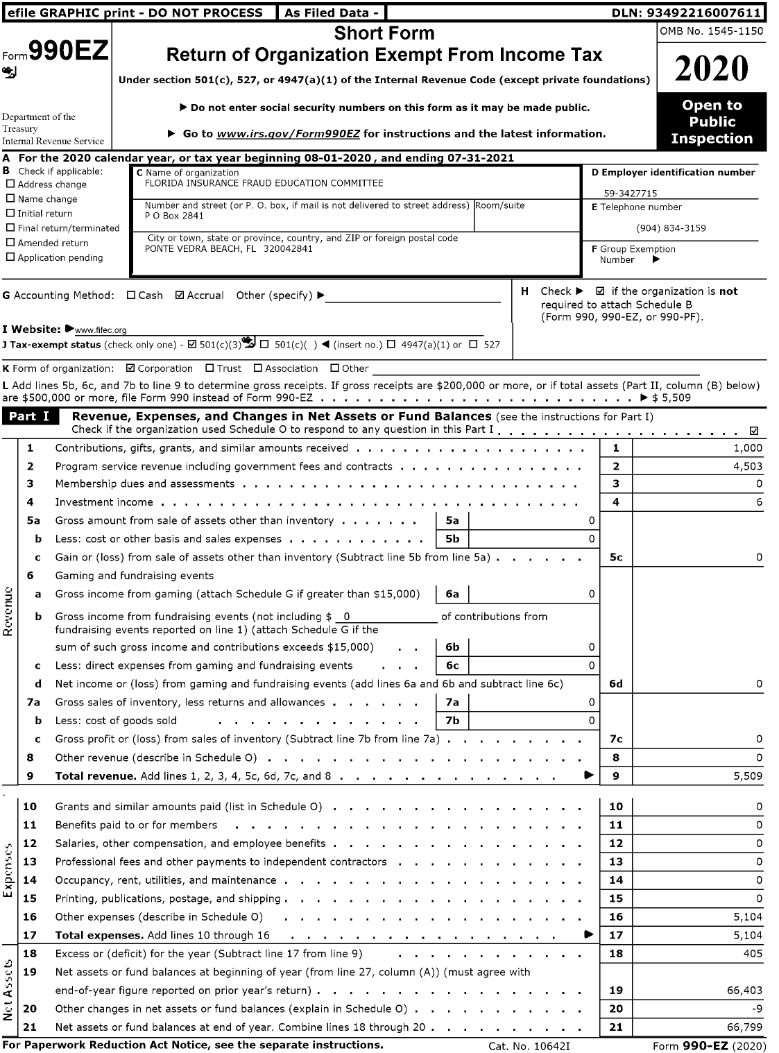 Image of first page of 2020 Form 990EZ for Florida Insurance Fraud Education Committee (FIFEC)