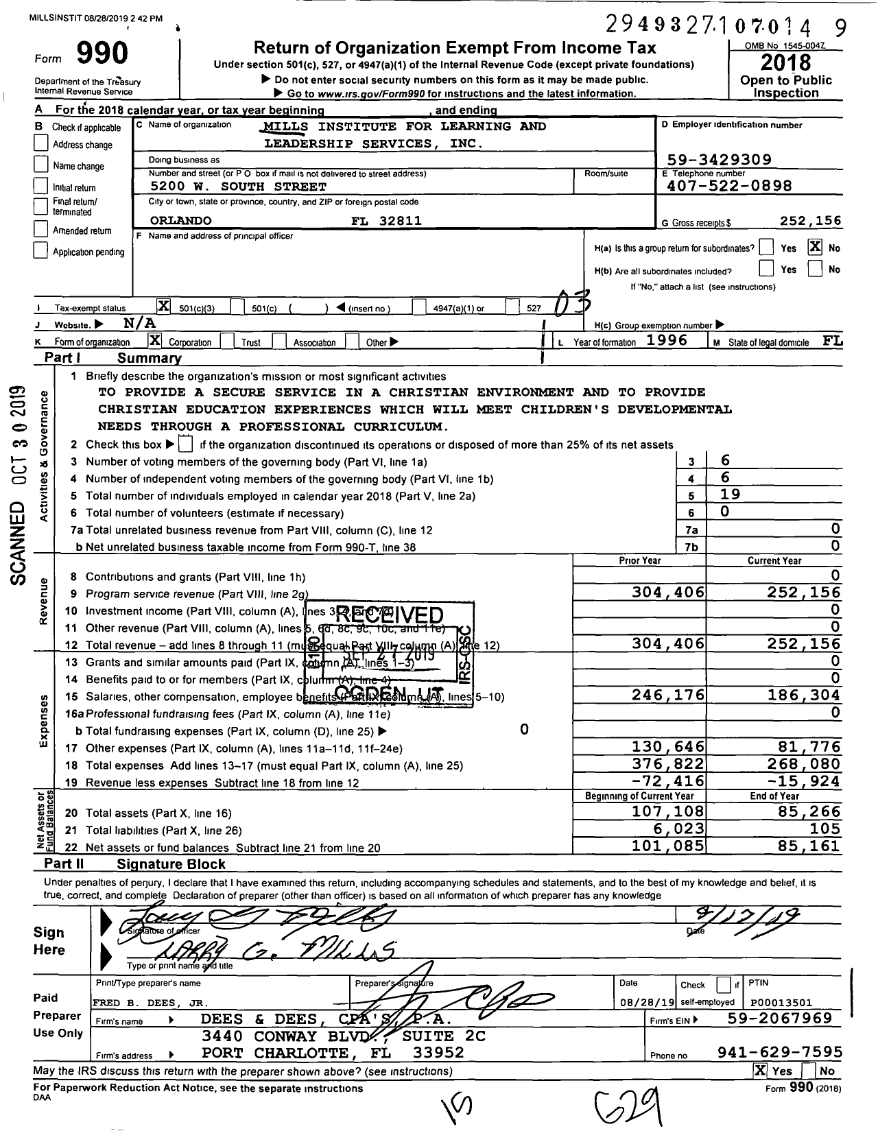 Image of first page of 2018 Form 990 for Mills Institute for Learning and Leadership Services