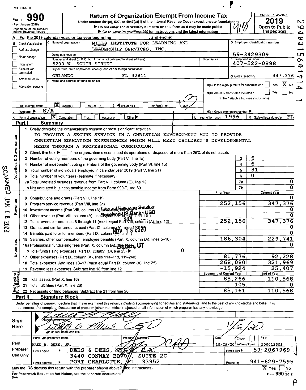 Image of first page of 2019 Form 990 for Mills Institute for Learning and Leadership Services