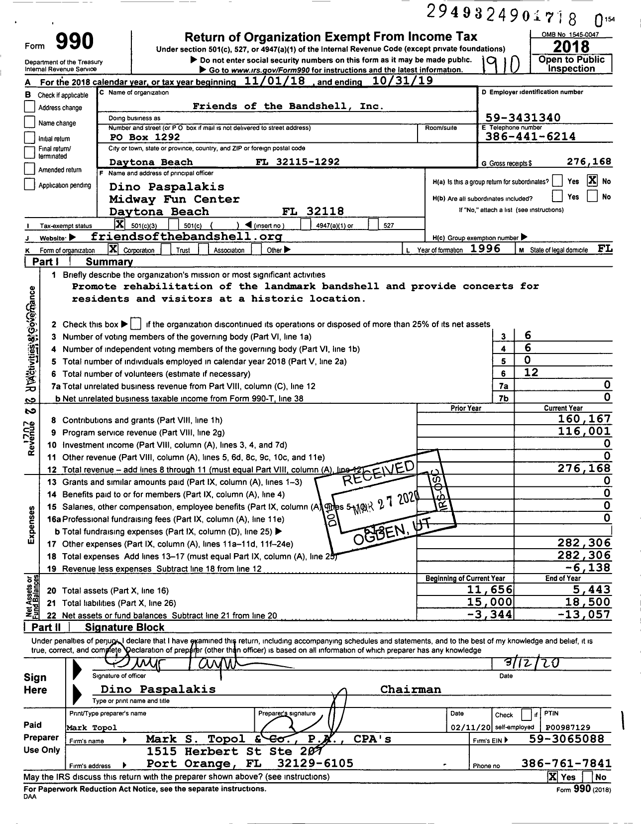 Image of first page of 2018 Form 990 for Friends of the Bandshell