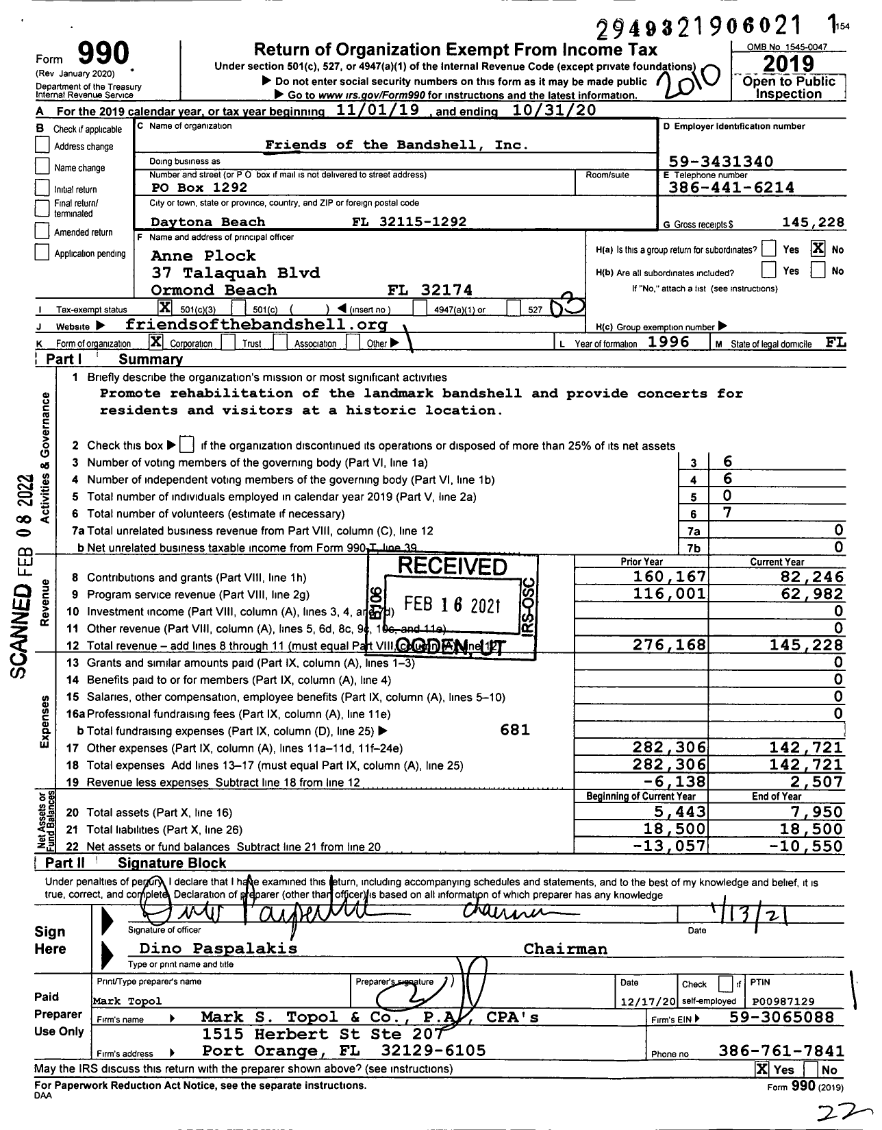 Image of first page of 2019 Form 990 for Friends of the Bandshell