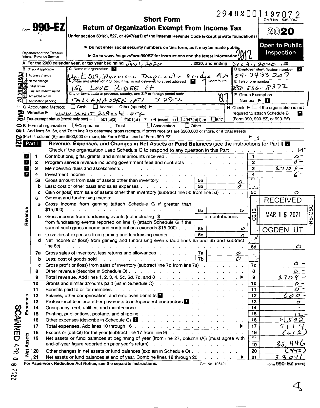 Image of first page of 2020 Form 990EO for Northwest Florida Unit 219 of the American Contract Bridge League