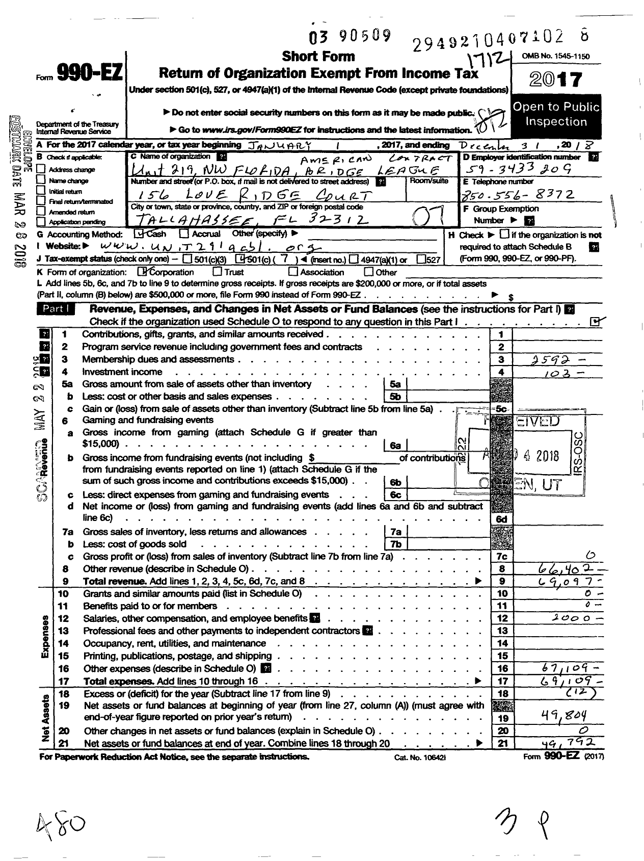 Image of first page of 2018 Form 990EO for Northwest Florida Unit 219 of the American Contract Bridge League