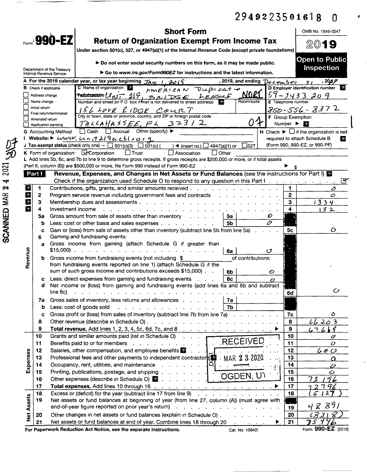 Image of first page of 2019 Form 990EO for Northwest Florida Unit 219 of the American Contract Bridge League