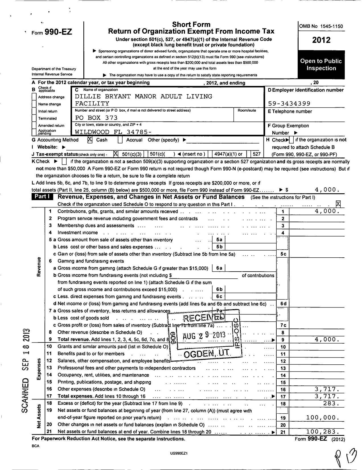 Image of first page of 2012 Form 990EZ for Dillie Bryant Manor Adult Living Facility