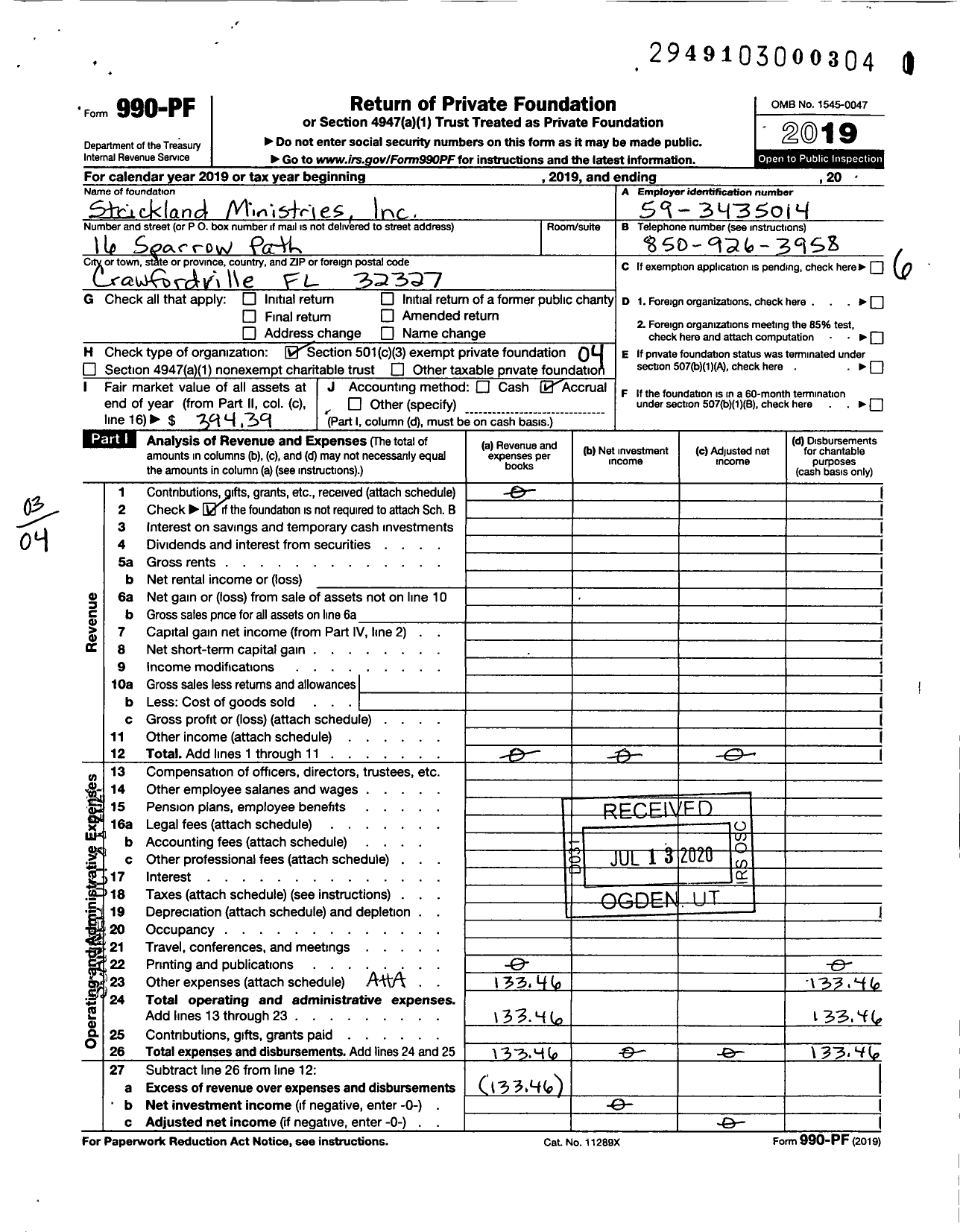 Image of first page of 2019 Form 990PF for Strickland Ministries