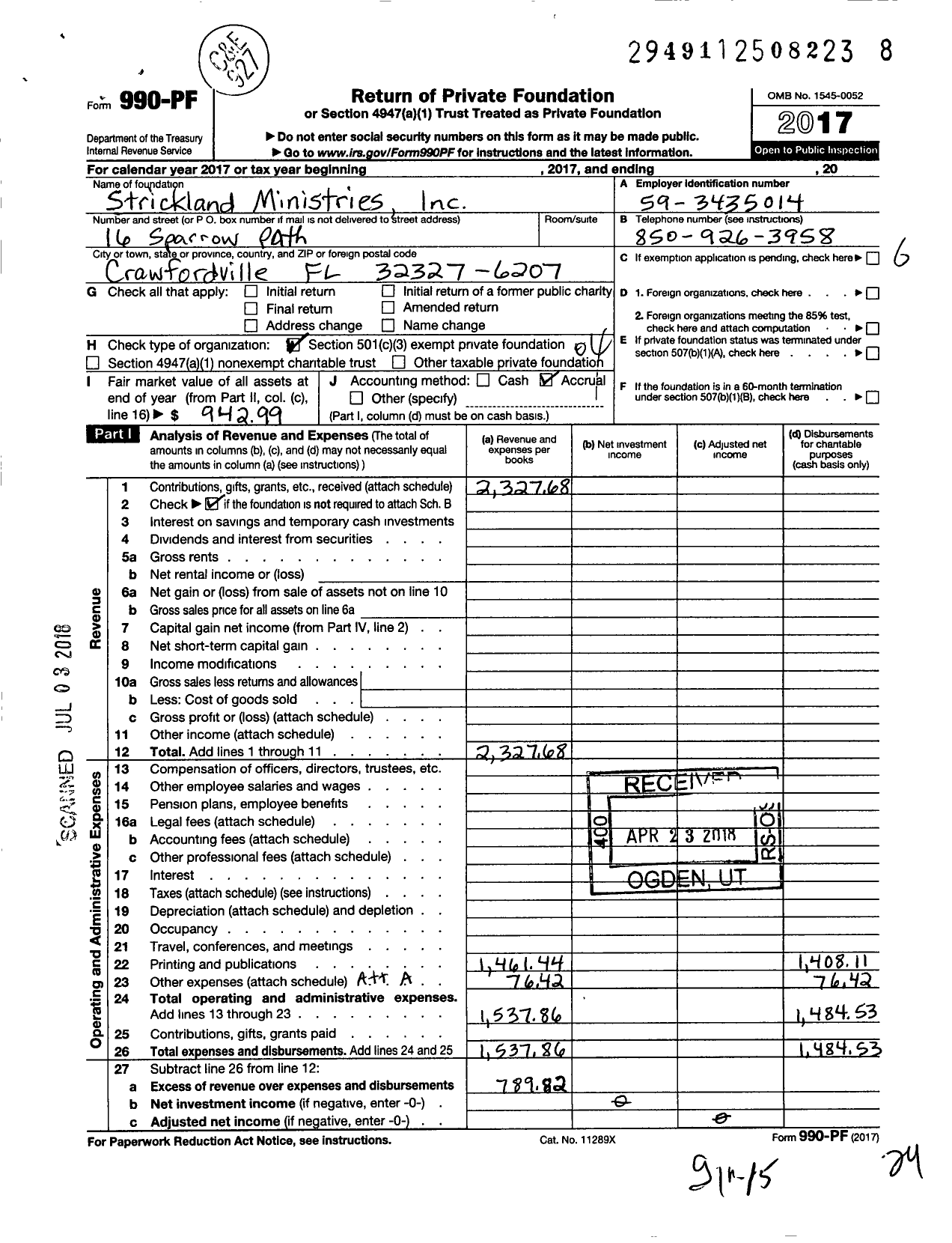 Image of first page of 2017 Form 990PF for Strickland Ministries