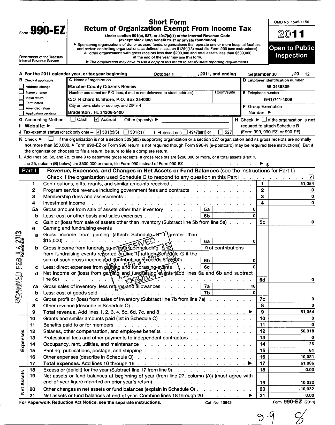 Image of first page of 2011 Form 990EZ for Manatee County Citizens Review Incorporated