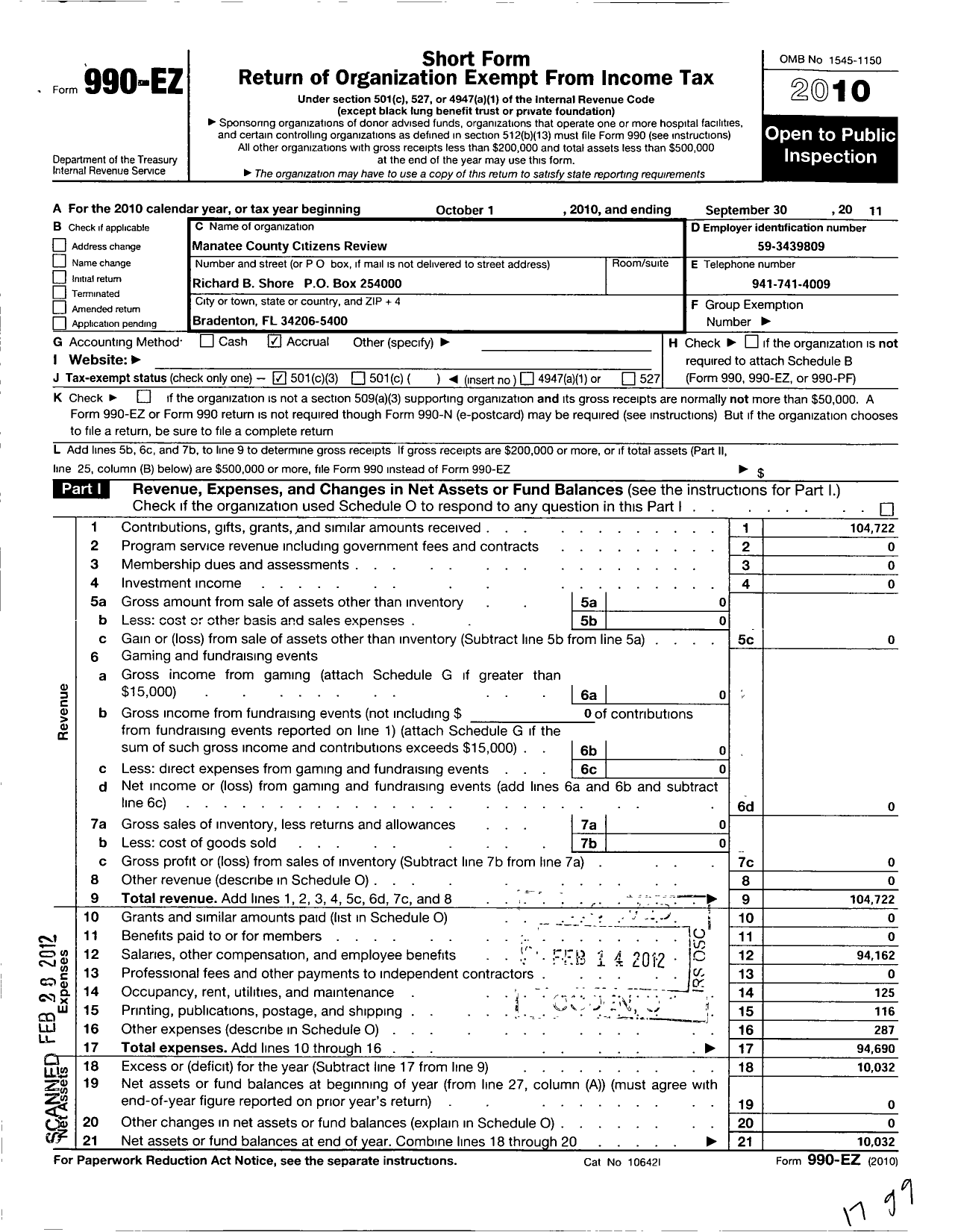 Image of first page of 2010 Form 990EZ for Manatee County Citizens Review Incorporated