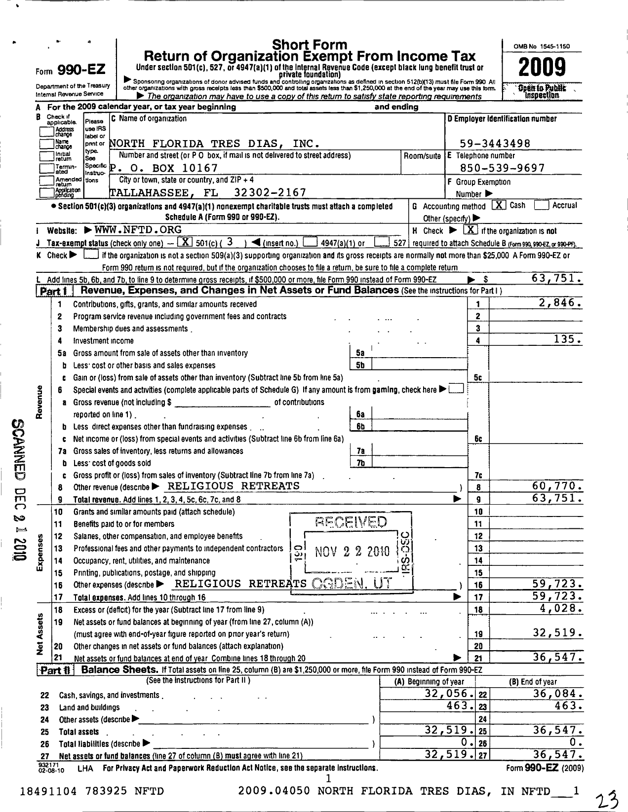 Image of first page of 2009 Form 990EZ for North Florida Tres Dias