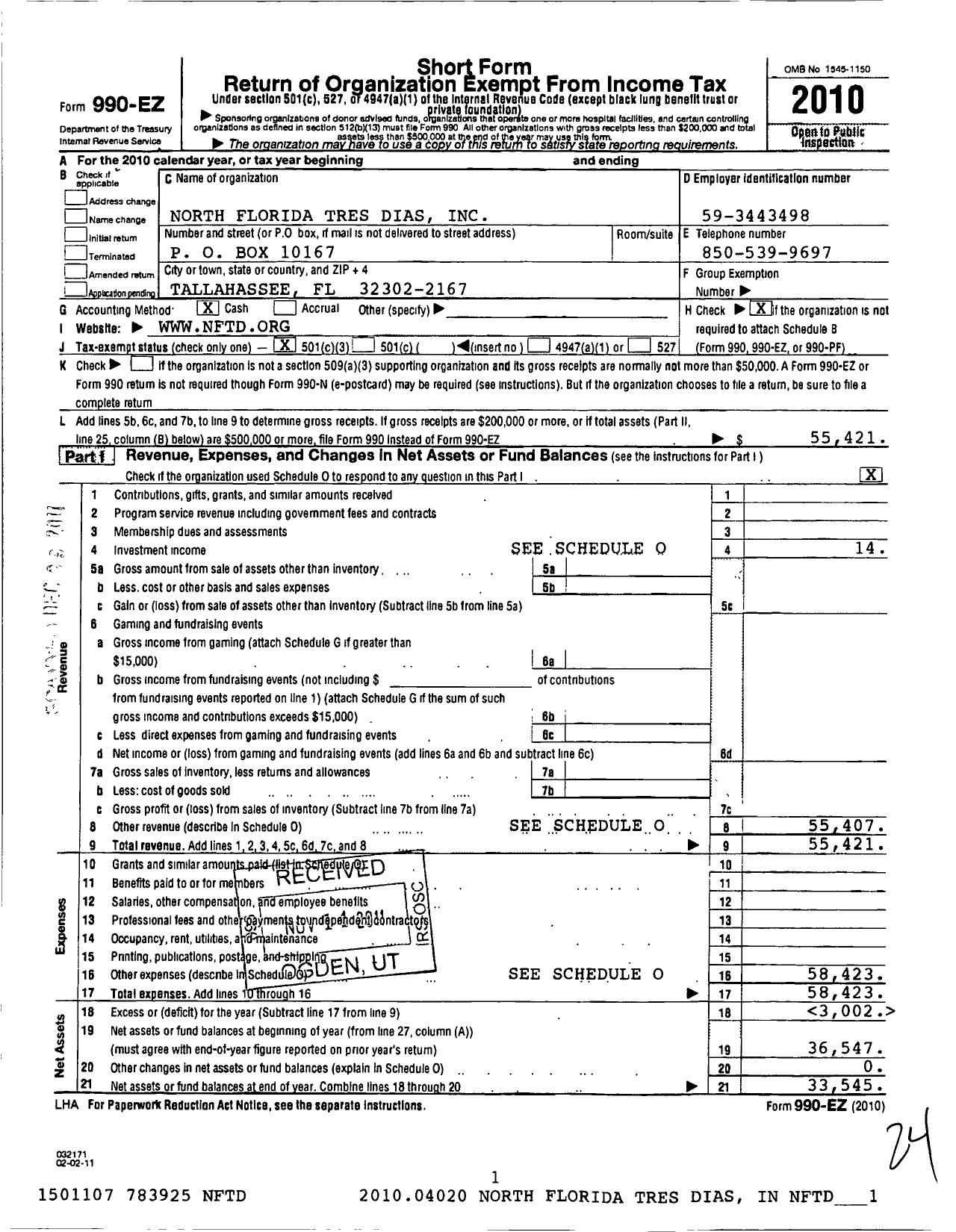 Image of first page of 2010 Form 990EZ for North Florida Tres Dias