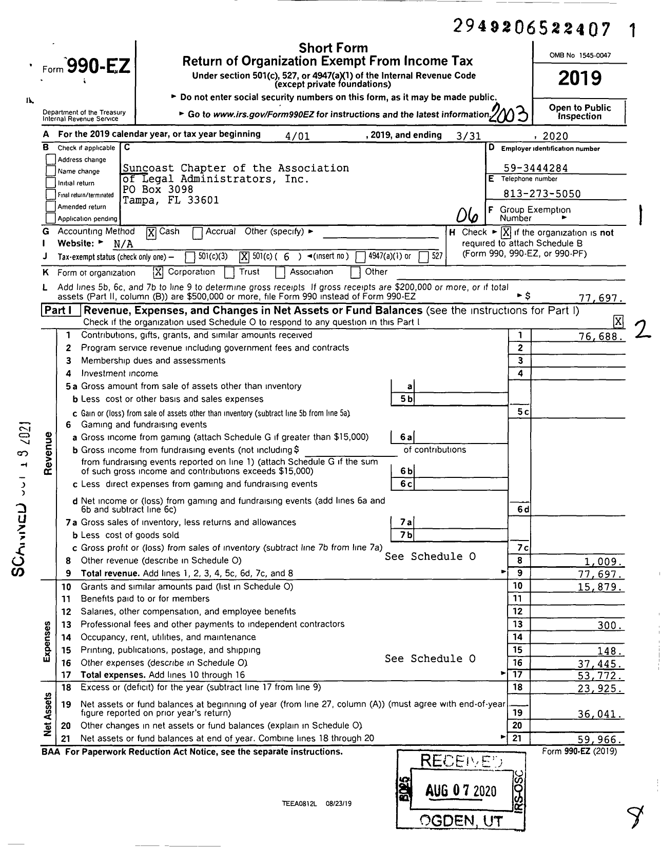 Image of first page of 2019 Form 990EO for Suncoast Chapter of the Association of Legal Administrators