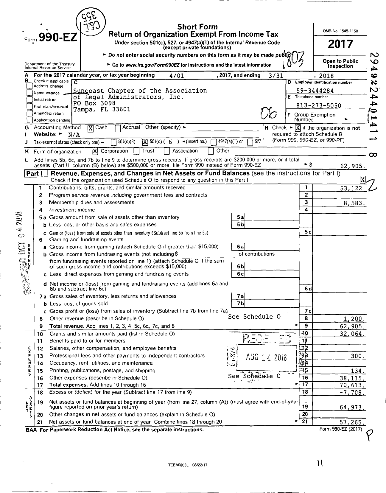 Image of first page of 2017 Form 990EO for Suncoast Chapter of the Association of Legal Administrators