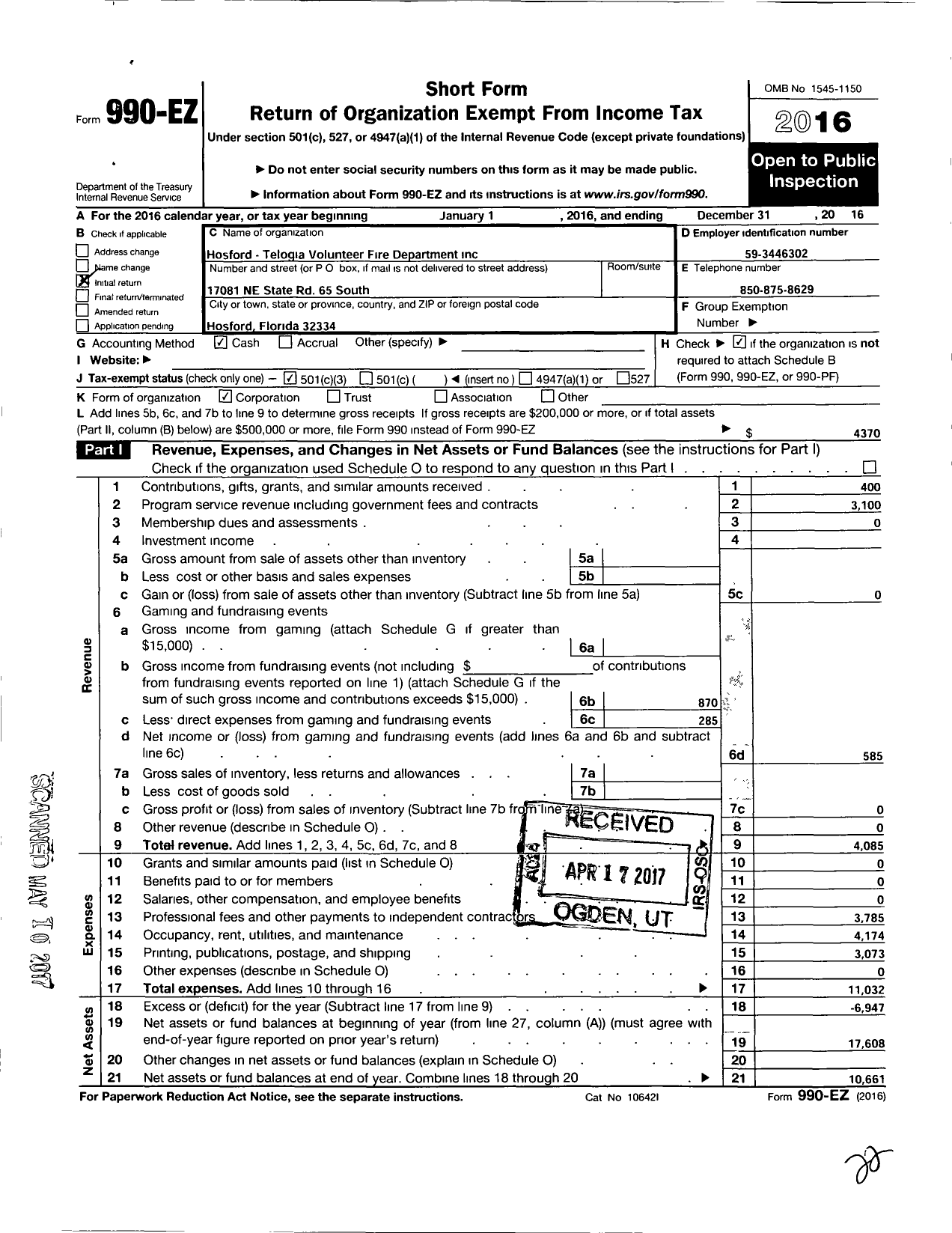 Image of first page of 2016 Form 990EZ for Hosford-Telogia Volunteer Fire Department