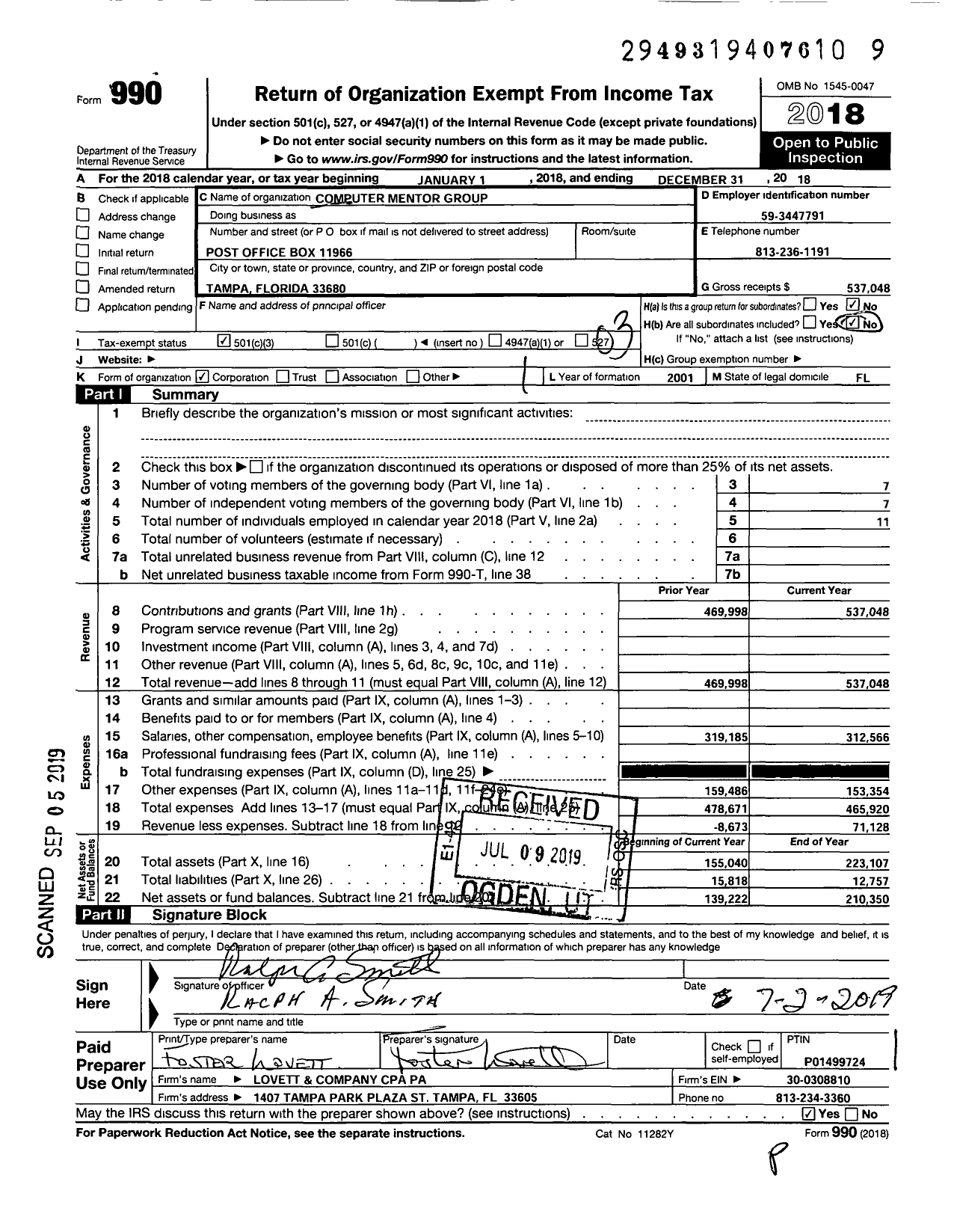 Image of first page of 2018 Form 990 for Computer Mentors Group