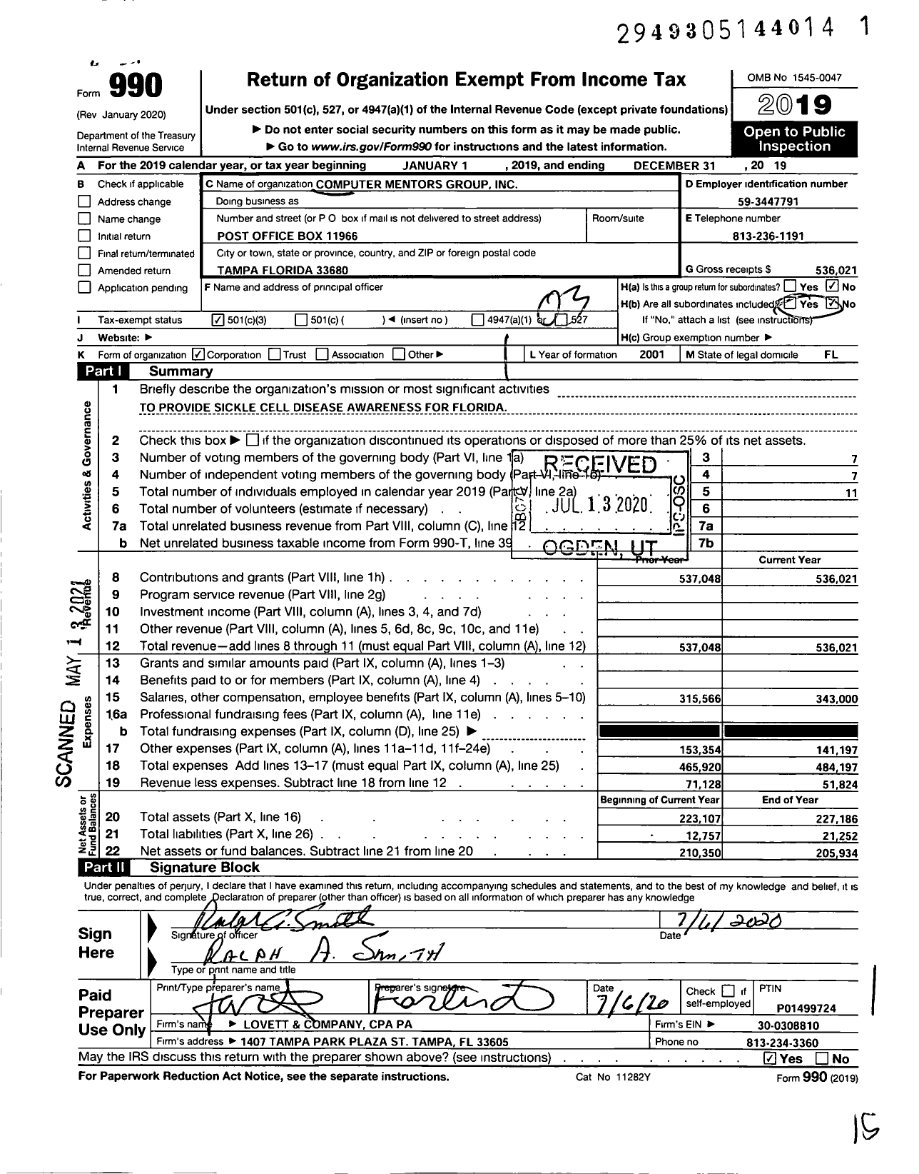 Image of first page of 2019 Form 990 for Computer Mentors Group