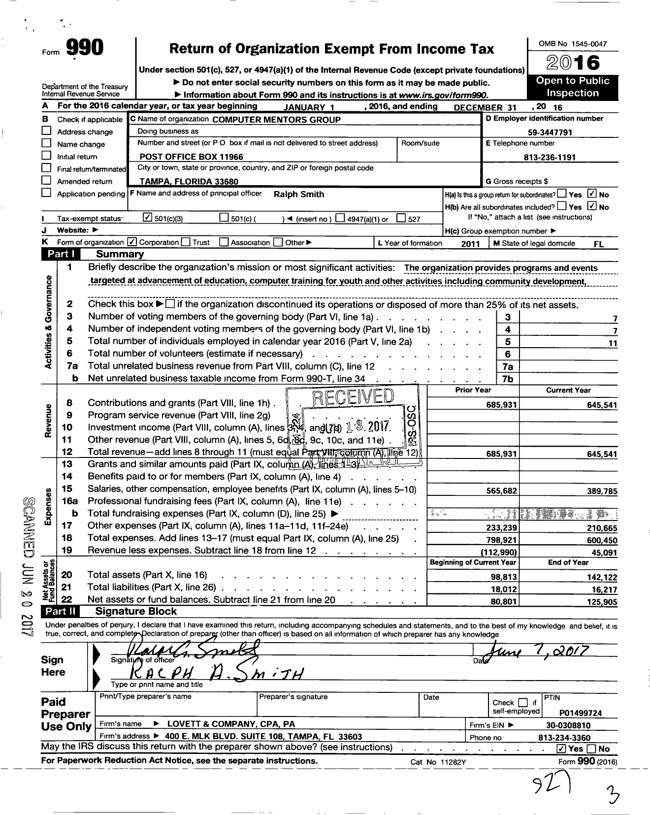 Image of first page of 2016 Form 990 for Computer Mentors Group