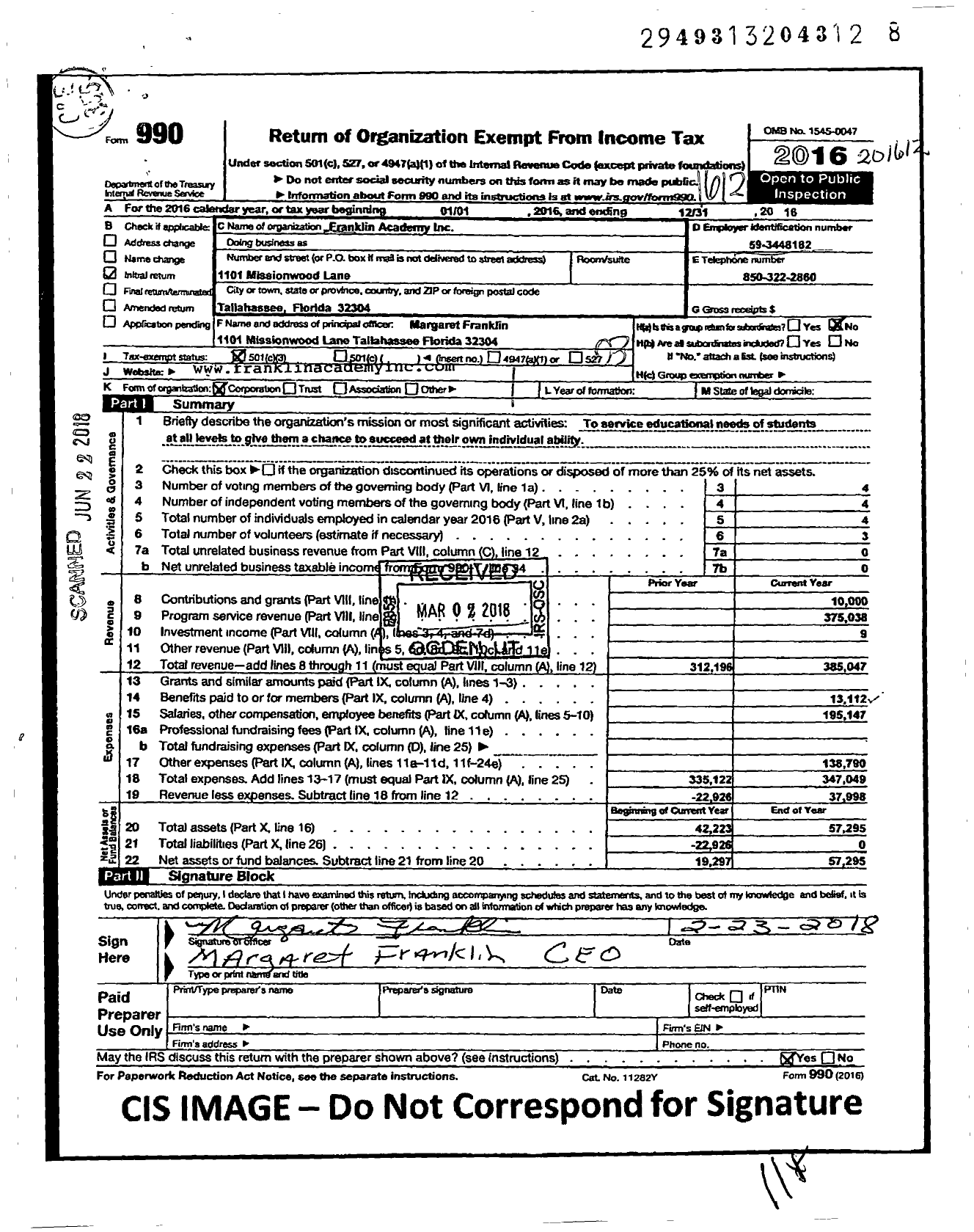 Image of first page of 2016 Form 990 for Franklin Academy