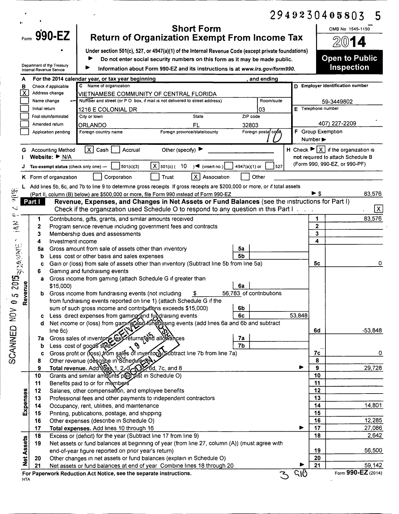 Image of first page of 2014 Form 990EO for Vietnamese Community of Central Florida