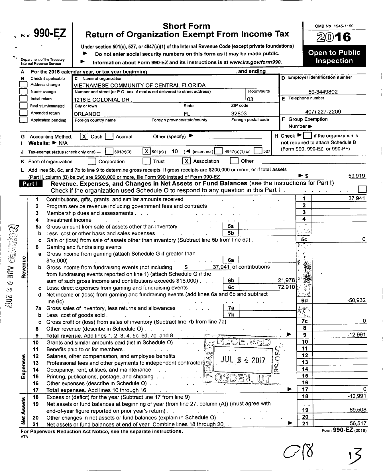 Image of first page of 2016 Form 990EO for Vietnamese Community of Central Florida