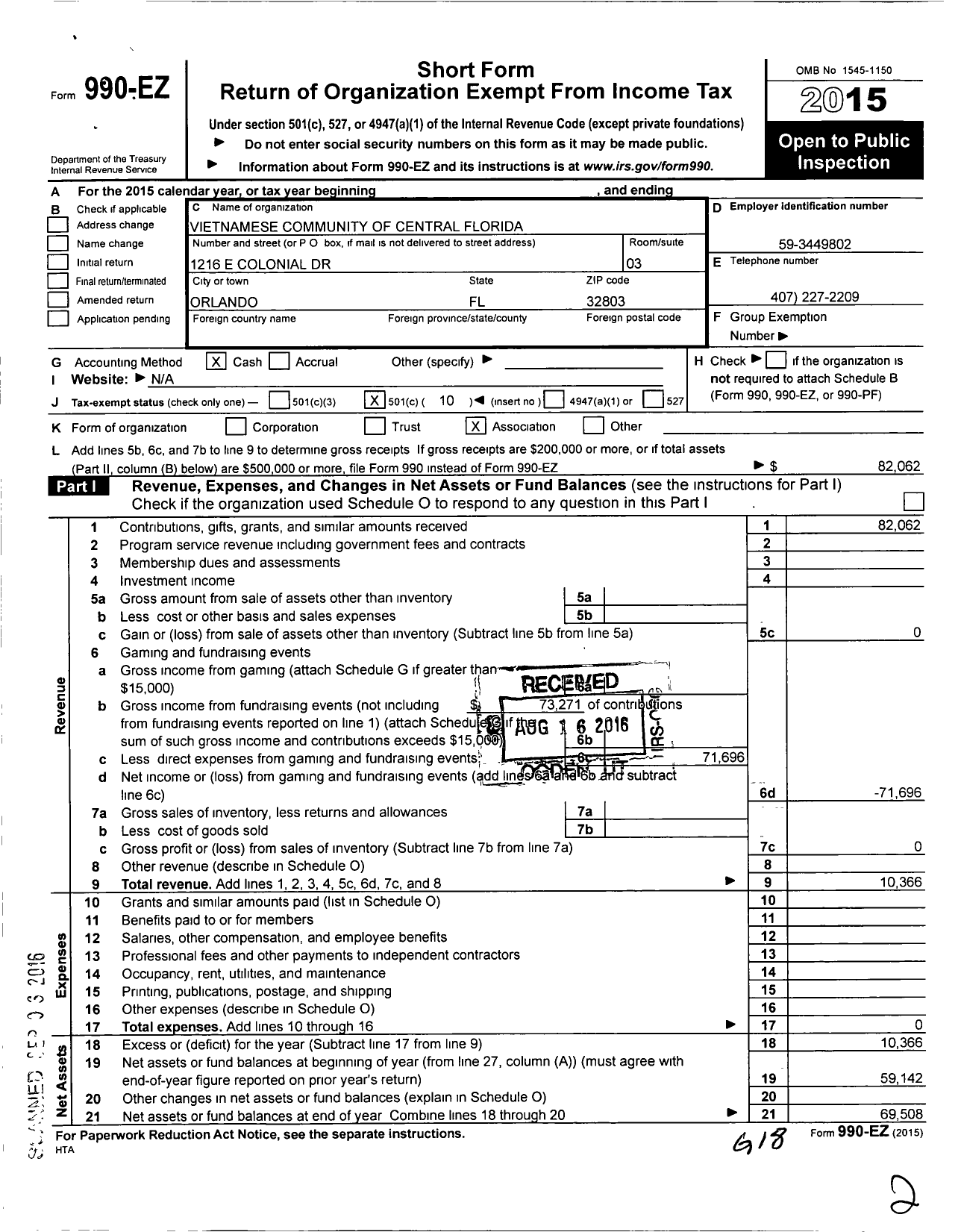 Image of first page of 2015 Form 990EO for Vietnamese Community of Central Florida