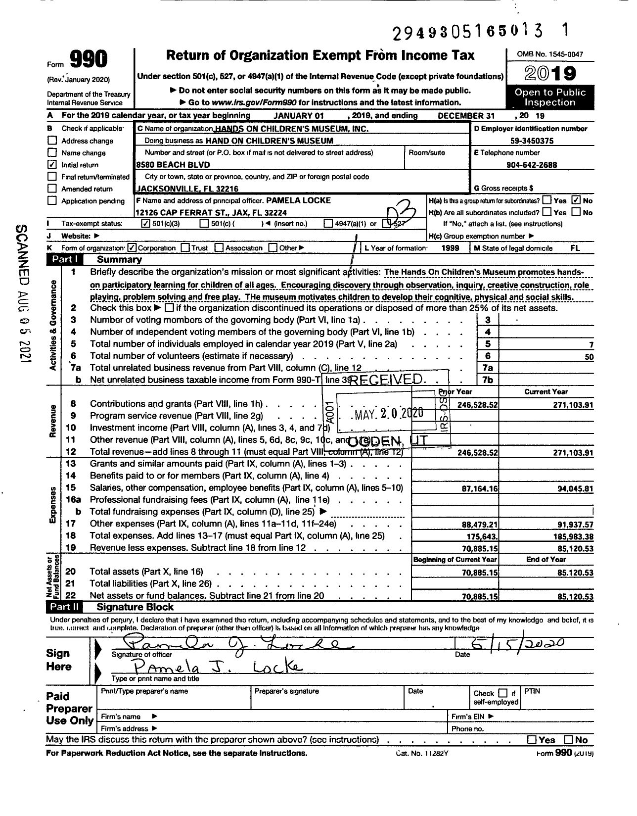 Image of first page of 2019 Form 990 for Hands on Childrens Museum