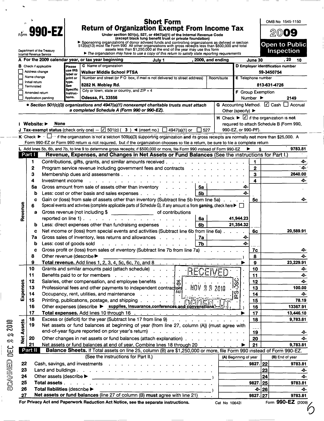 Image of first page of 2009 Form 990EZ for PTA Florida Congress - Walker Middle Magnet Ptsa