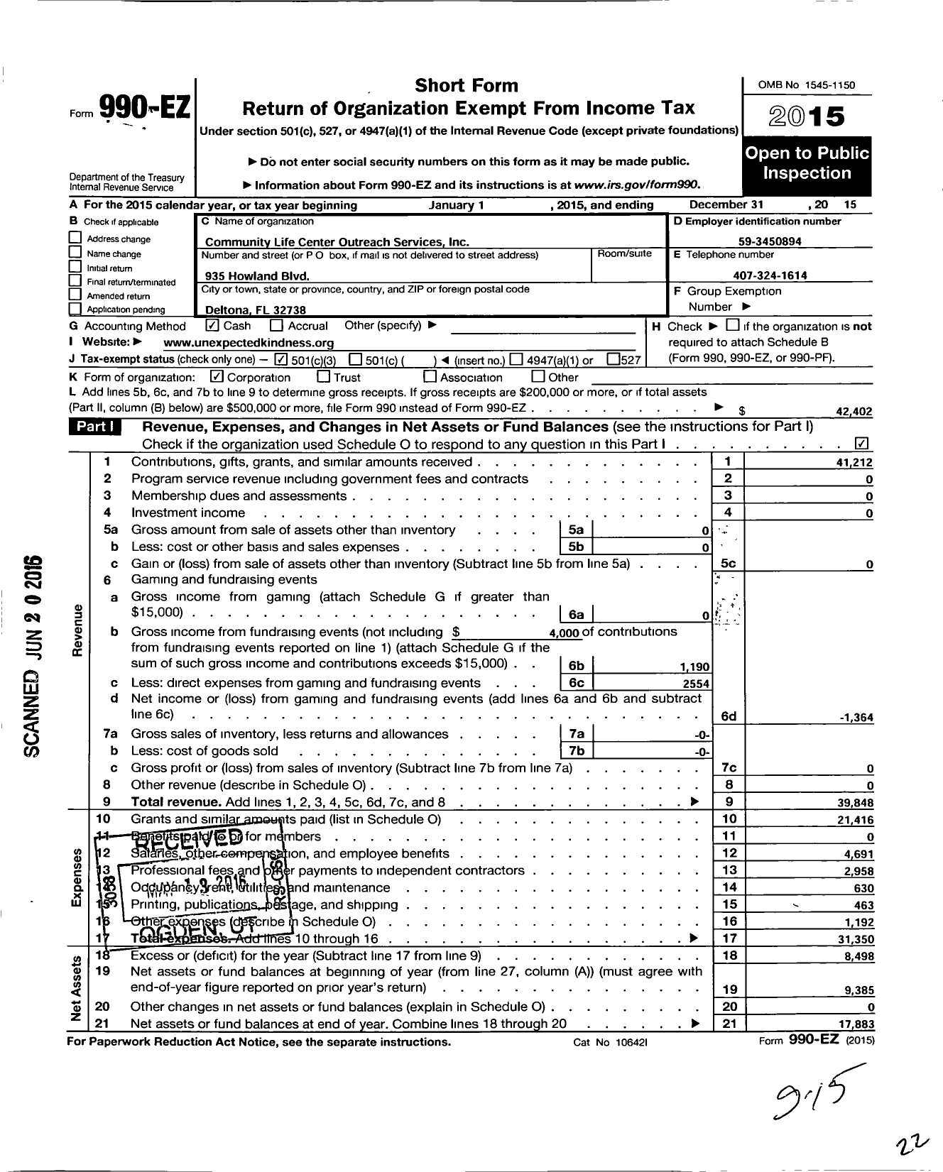 Image of first page of 2015 Form 990EZ for Community Life Center Outreach Services