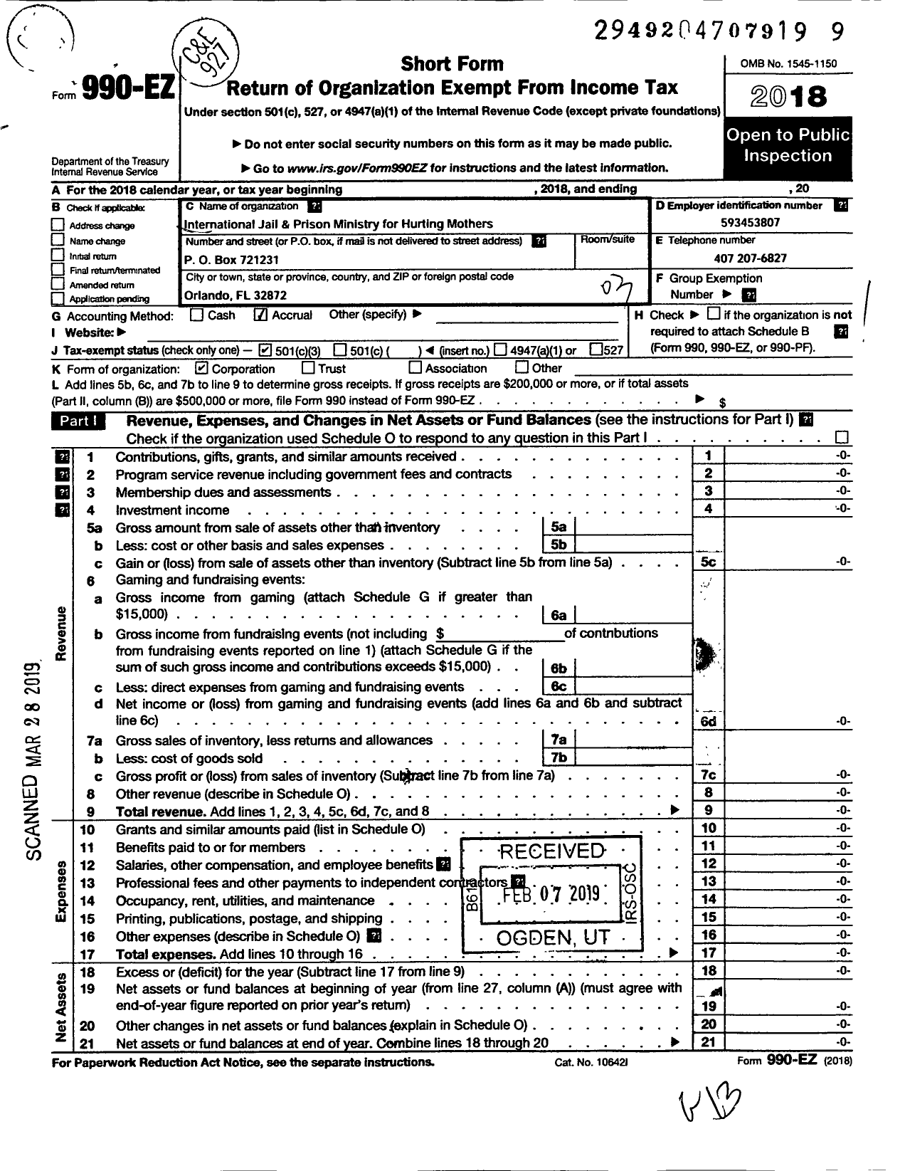 Image of first page of 2018 Form 990EZ for International Jailand Prison Ministries for the Hurting Mothers